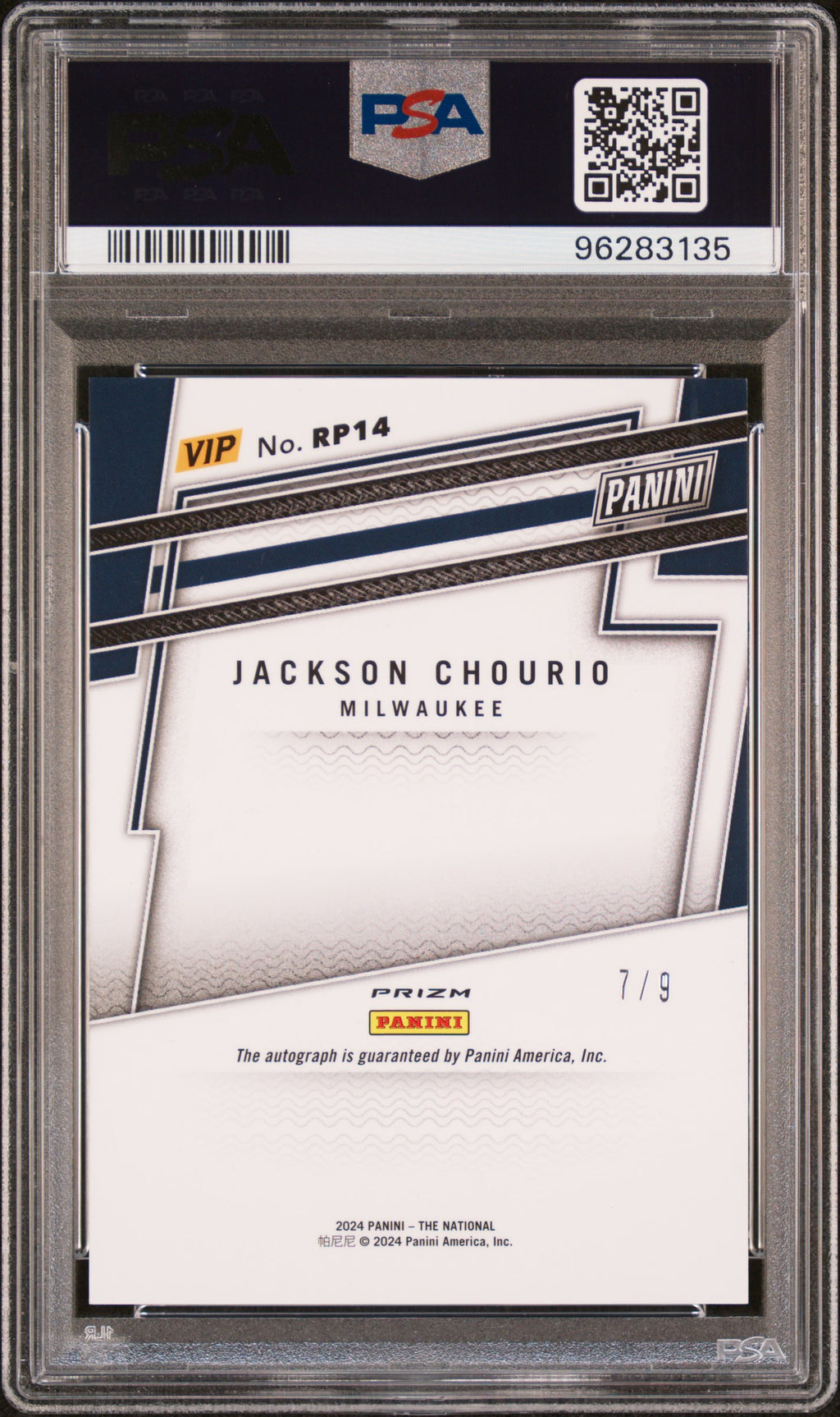 JACKSON CHOURIO 2024 Panini NSCC VIP Gold Pack Nebula Prizm Auto /9 PSA 9