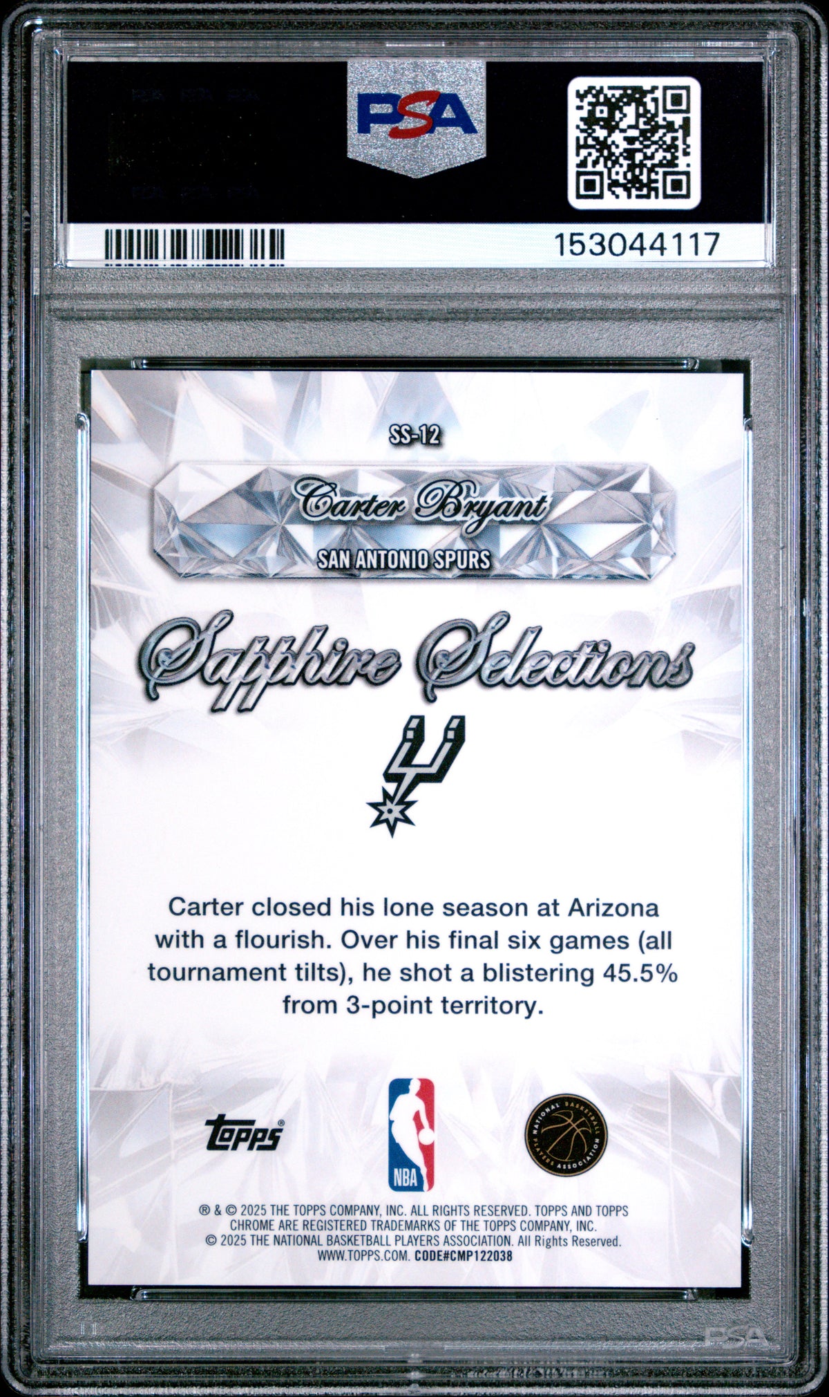 CARTER BRYANT 2025-26 Topps Chrome Sapphire Selections Rookie #SS-12 PSA 10