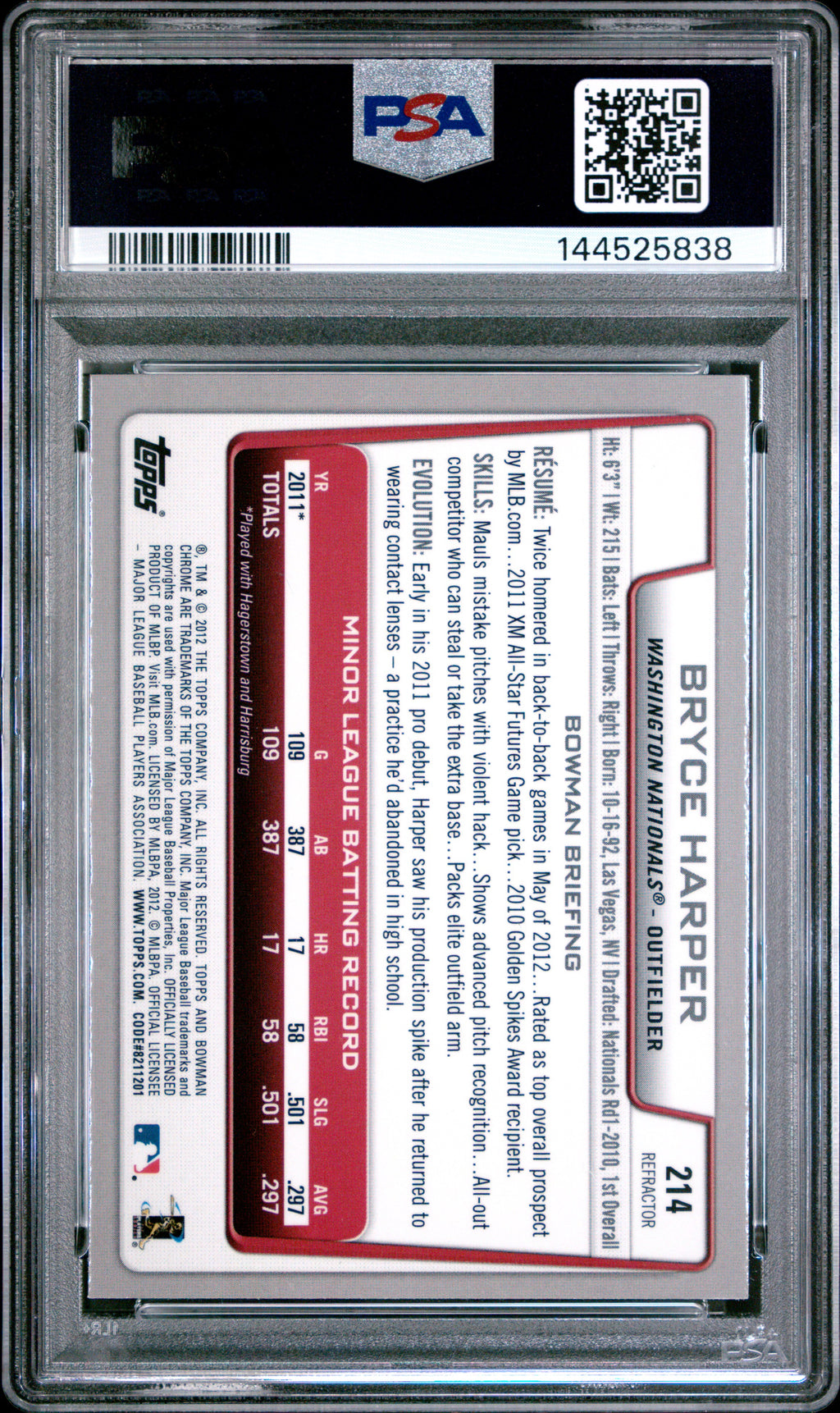 BRYCE HARPER 2012 Bowman Chrome Rookie Green Refractor #214 PSA 9 Nationals