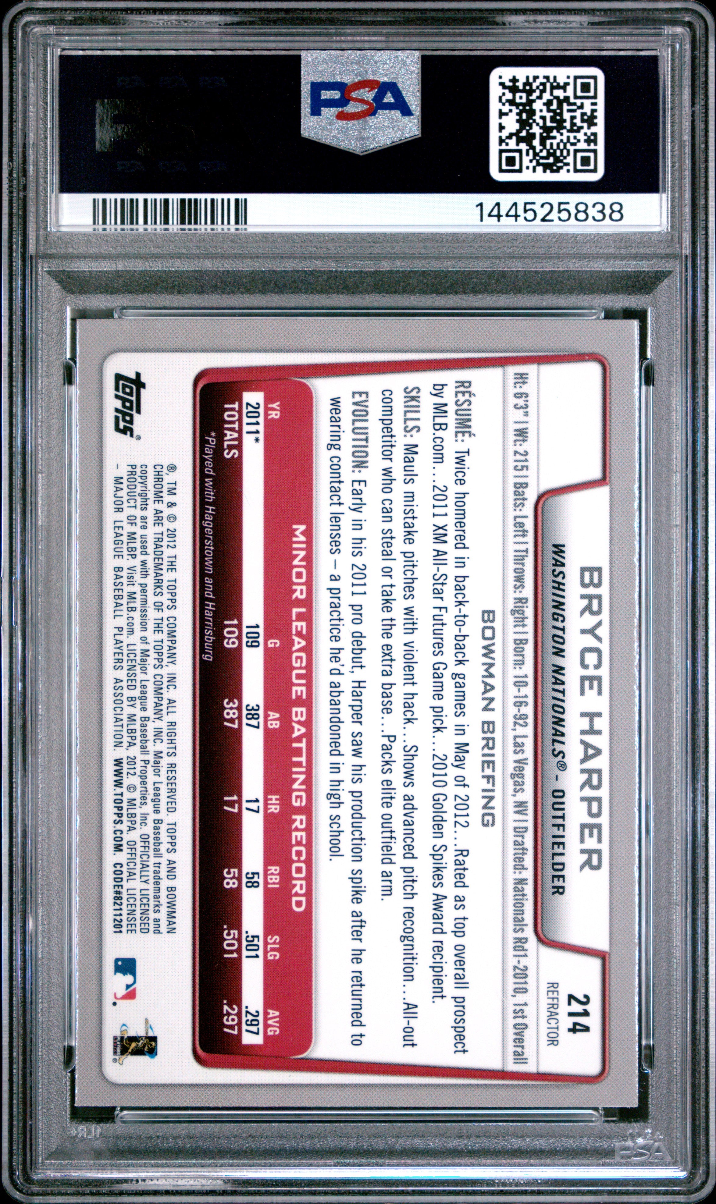 BRYCE HARPER 2012 Bowman Chrome Rookie Green Refractor #214 PSA 9 Nationals