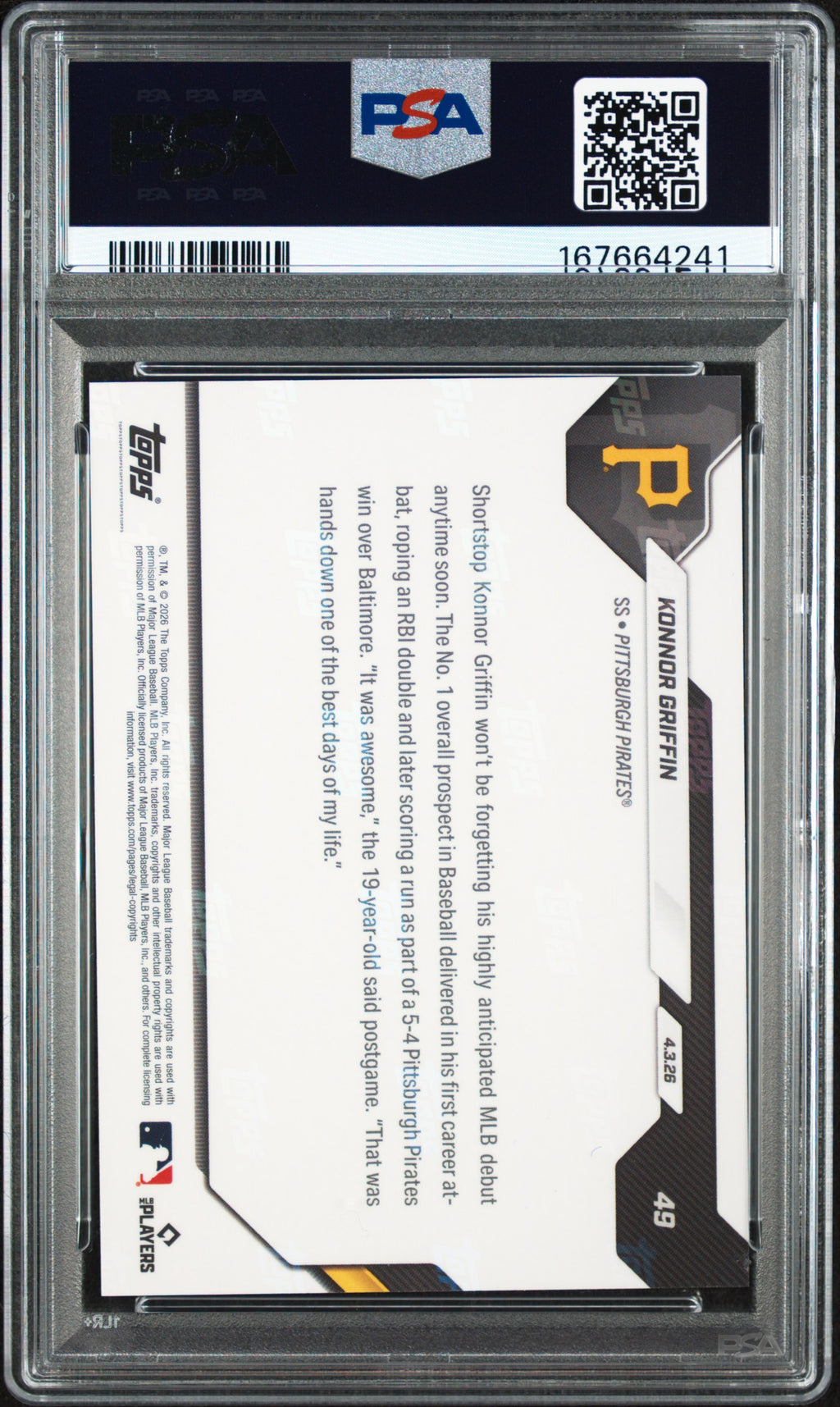 KONNOR GRIFFIN 2026 Topps Now Rookie 1st MLB At-Bat #49 PSA 10 Pirates