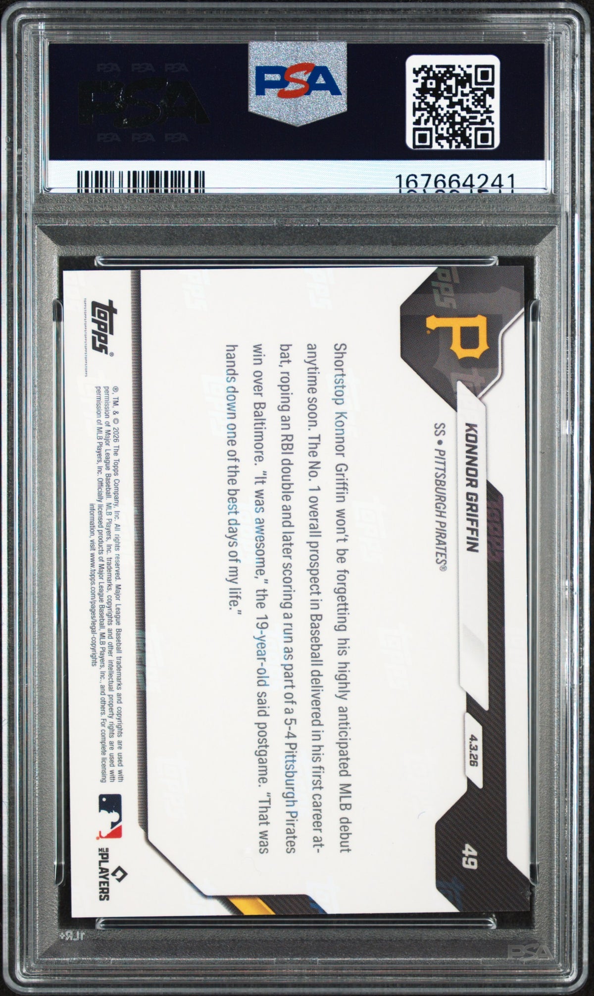 KONNOR GRIFFIN 2026 Topps Now Rookie 1st MLB At-Bat #49 PSA 10 Pirates