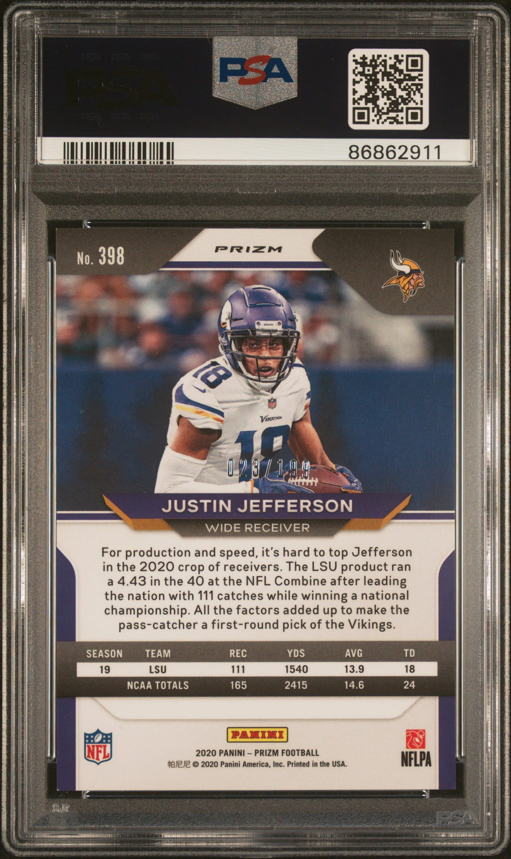 JUSTIN JEFFERSON 2020 Panini Prizm Blue Wave /199 PSA 10 Rookie Vikings #398 RC