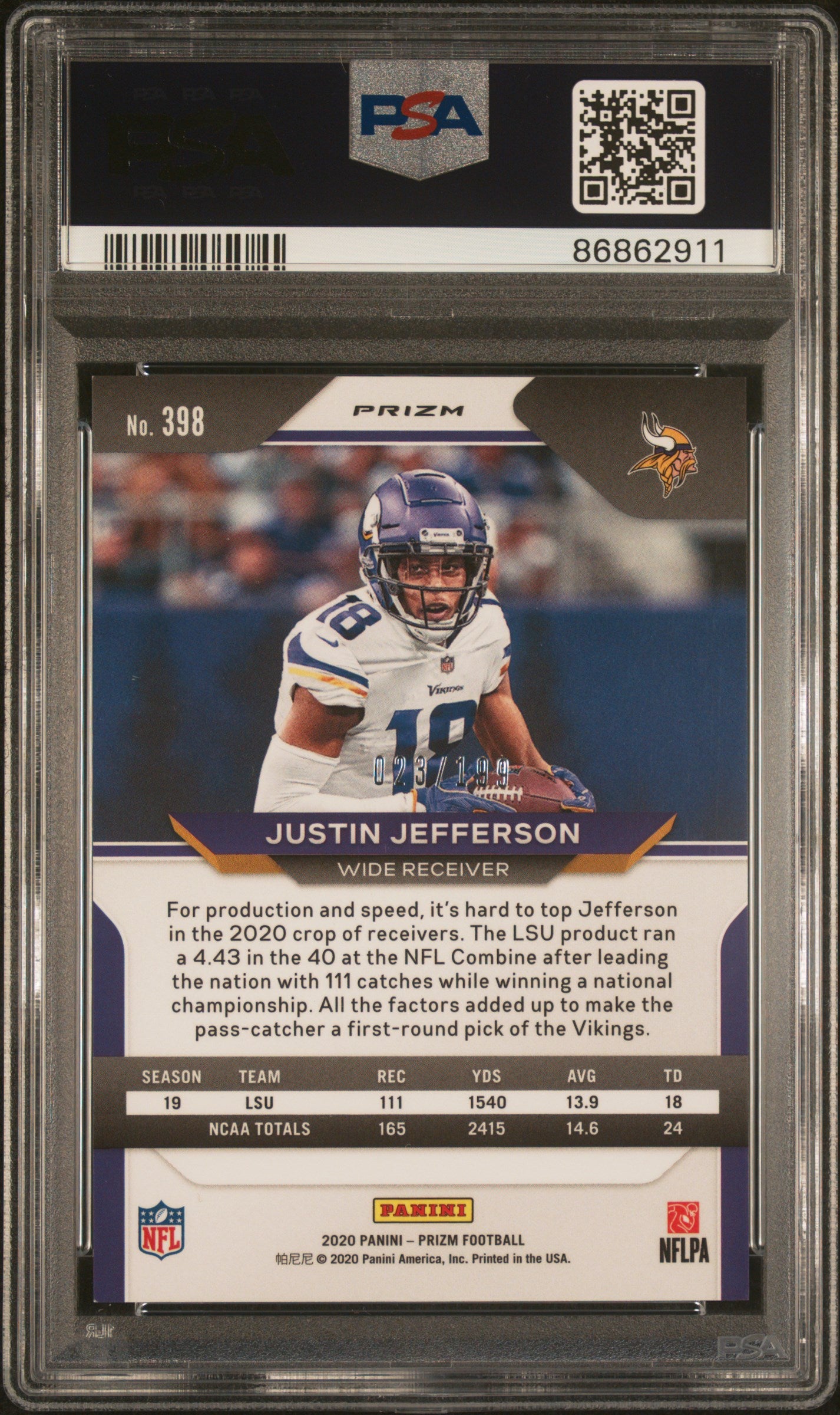 JUSTIN JEFFERSON 2020 Panini Prizm Blue Wave /199 PSA 10 Rookie Vikings #398 RC