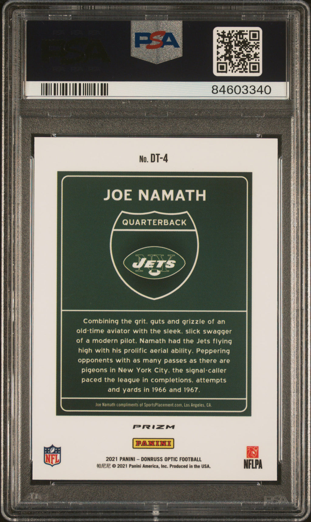 JOE NAMATH 2021 Panini Donruss Optic Downtown Case Hit SSP #DT4 PSA 10 Jets
