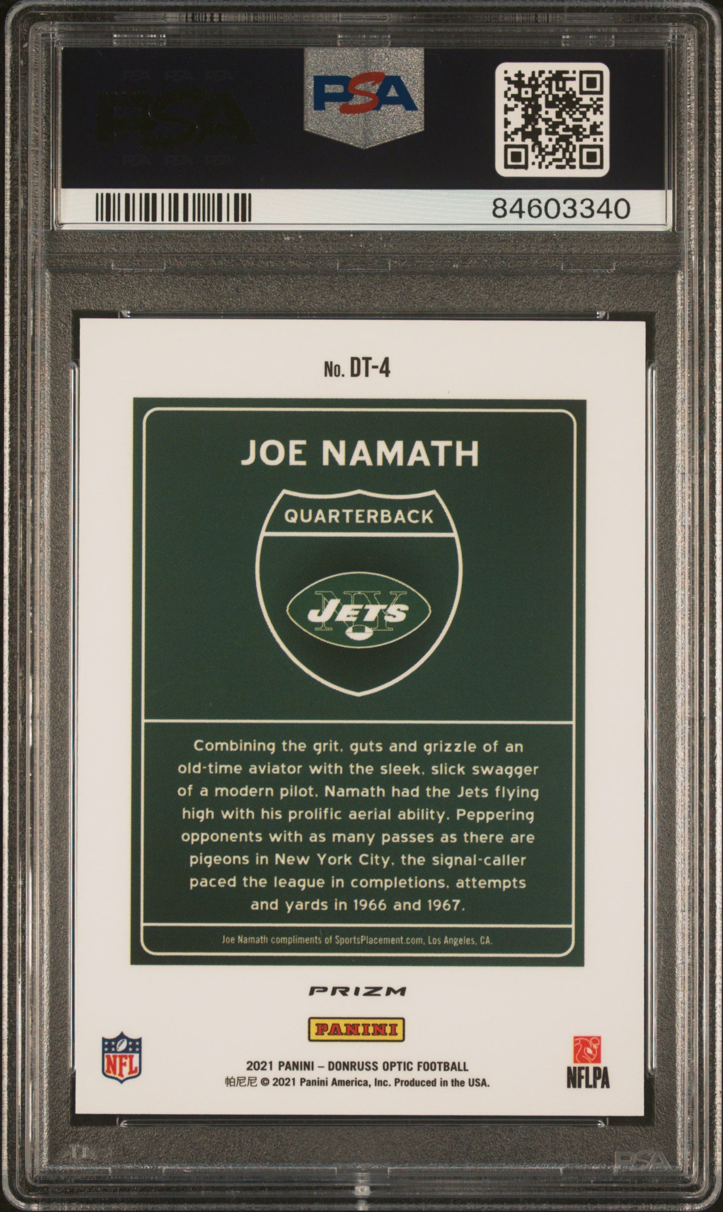 JOE NAMATH 2021 Panini Donruss Optic Downtown Case Hit SSP #DT4 PSA 10 Jets