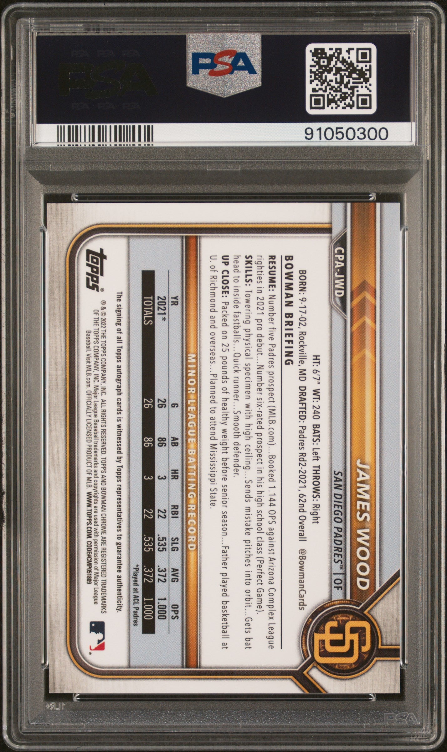 JAMES WOOD 2022 Bowman Chrome 1st Prospect Auto #CPAJWD PSA 10 Padres
