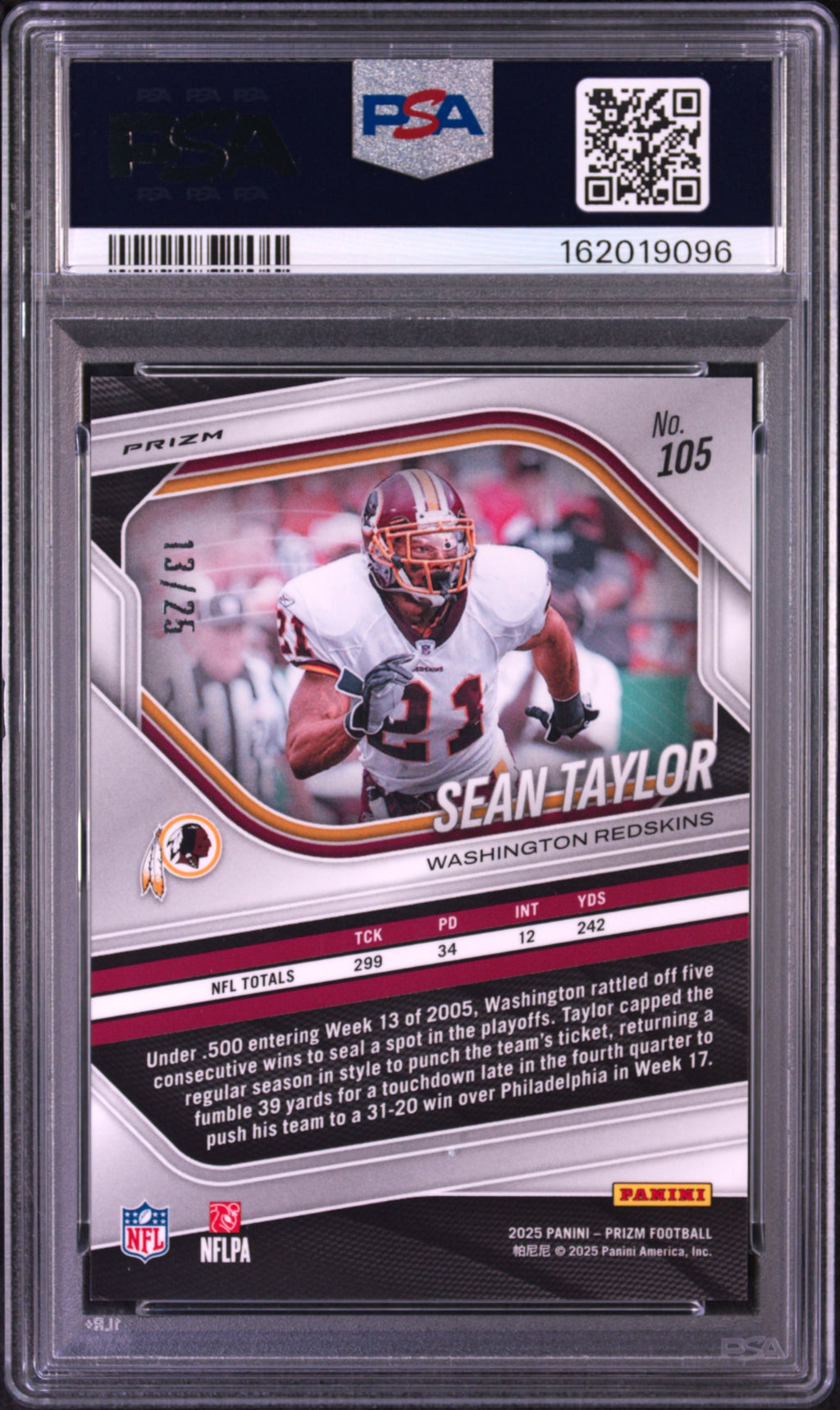 SEAN TAYLOR 2025 Panini Prizm Navy Camo /25 #105 PSA 9 Redskins