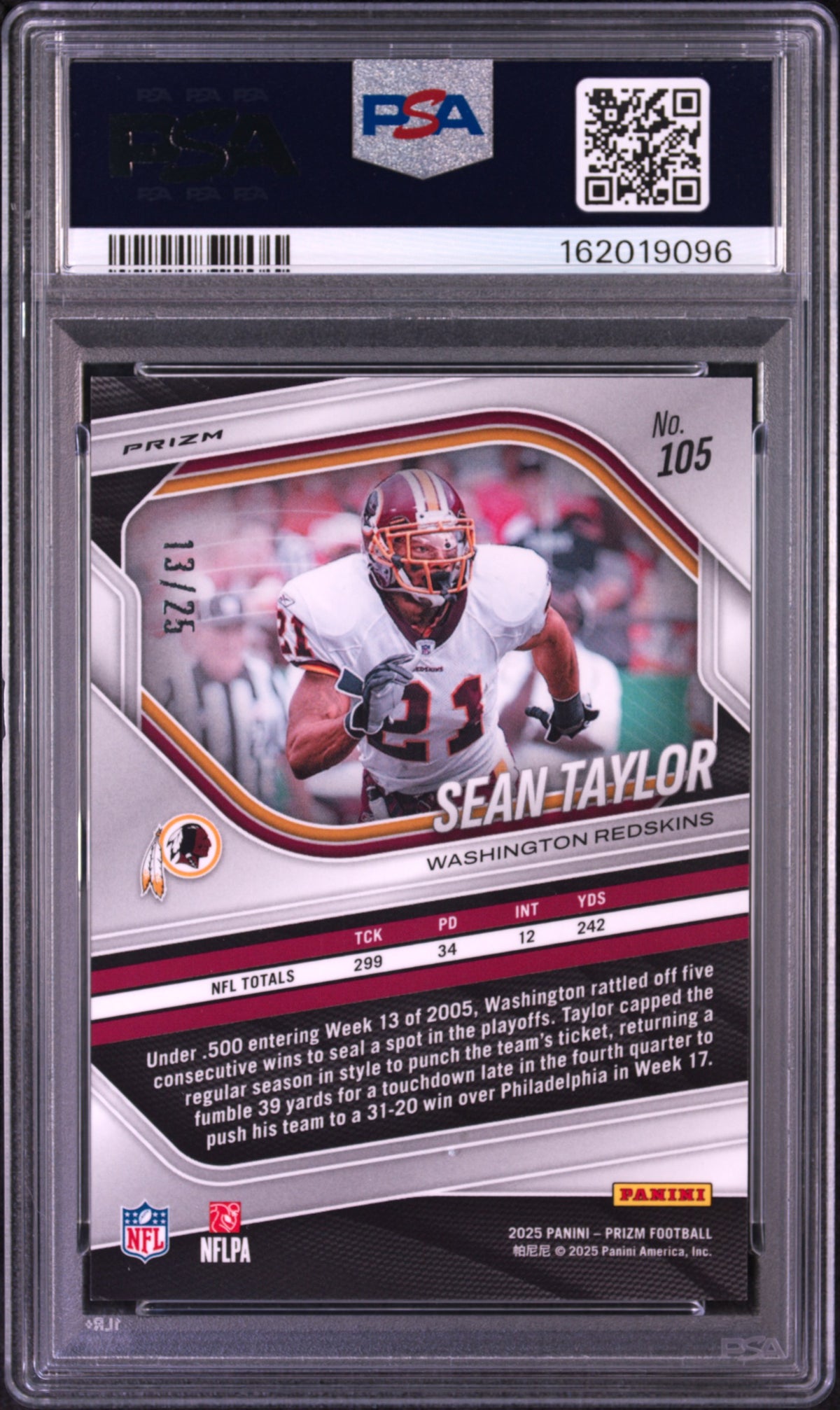 SEAN TAYLOR 2025 Panini Prizm Navy Camo /25 #105 PSA 9 Redskins