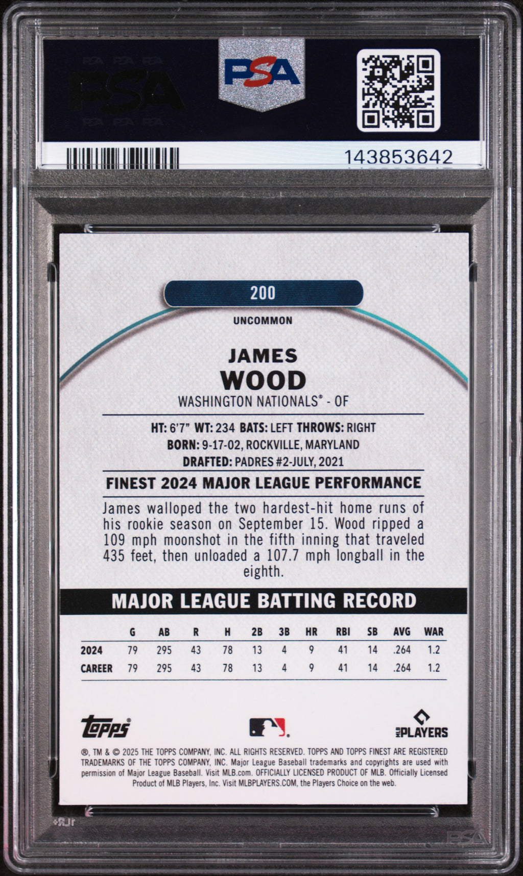 JAMES WOOD 2025 Topps Finest Rookie Uncommon Purple Checkerboard /99 #200 PSA 10