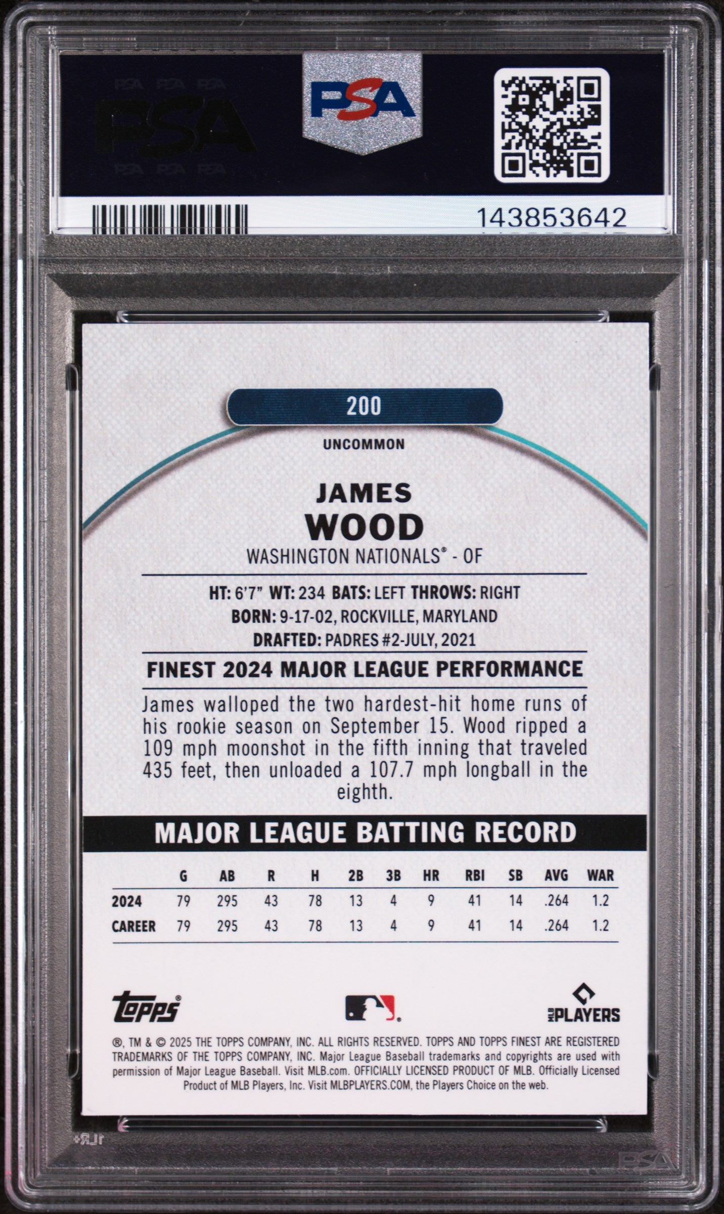 JAMES WOOD 2025 Topps Finest Rookie Uncommon Purple Checkerboard /99 #200 PSA 10