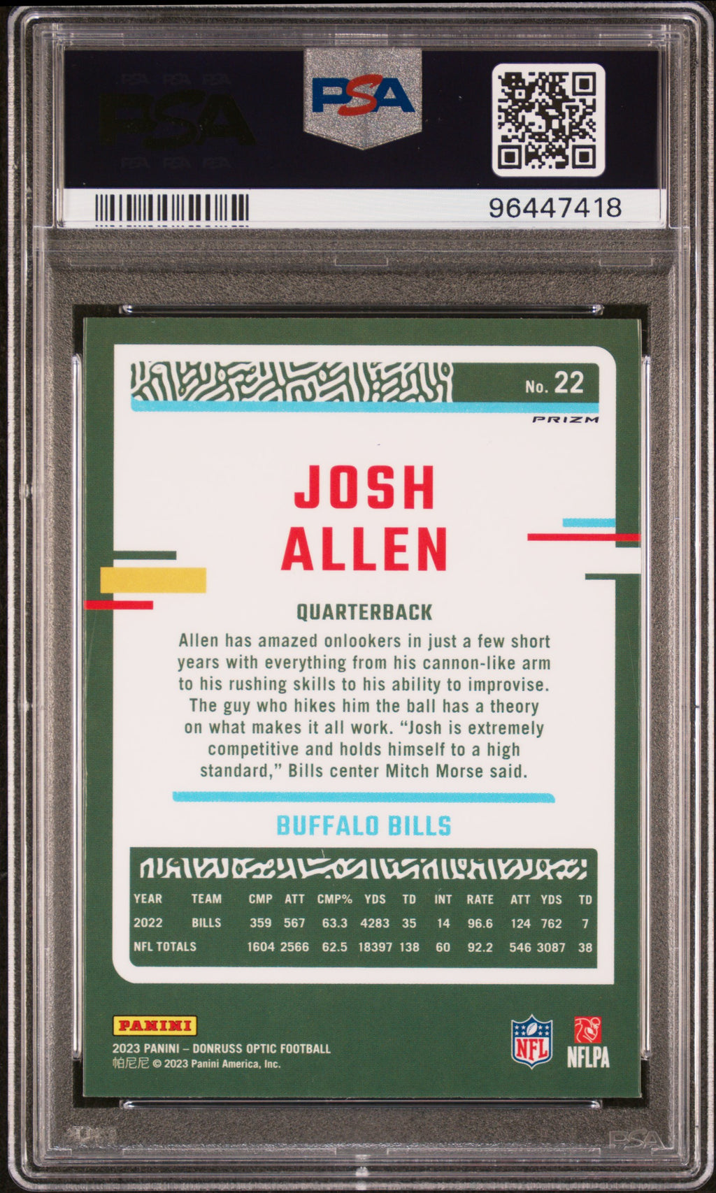 JOSH ALLEN 2023 Panini Donruss Optic Jazz Prizm SSP #22 PSA 10 Bills
