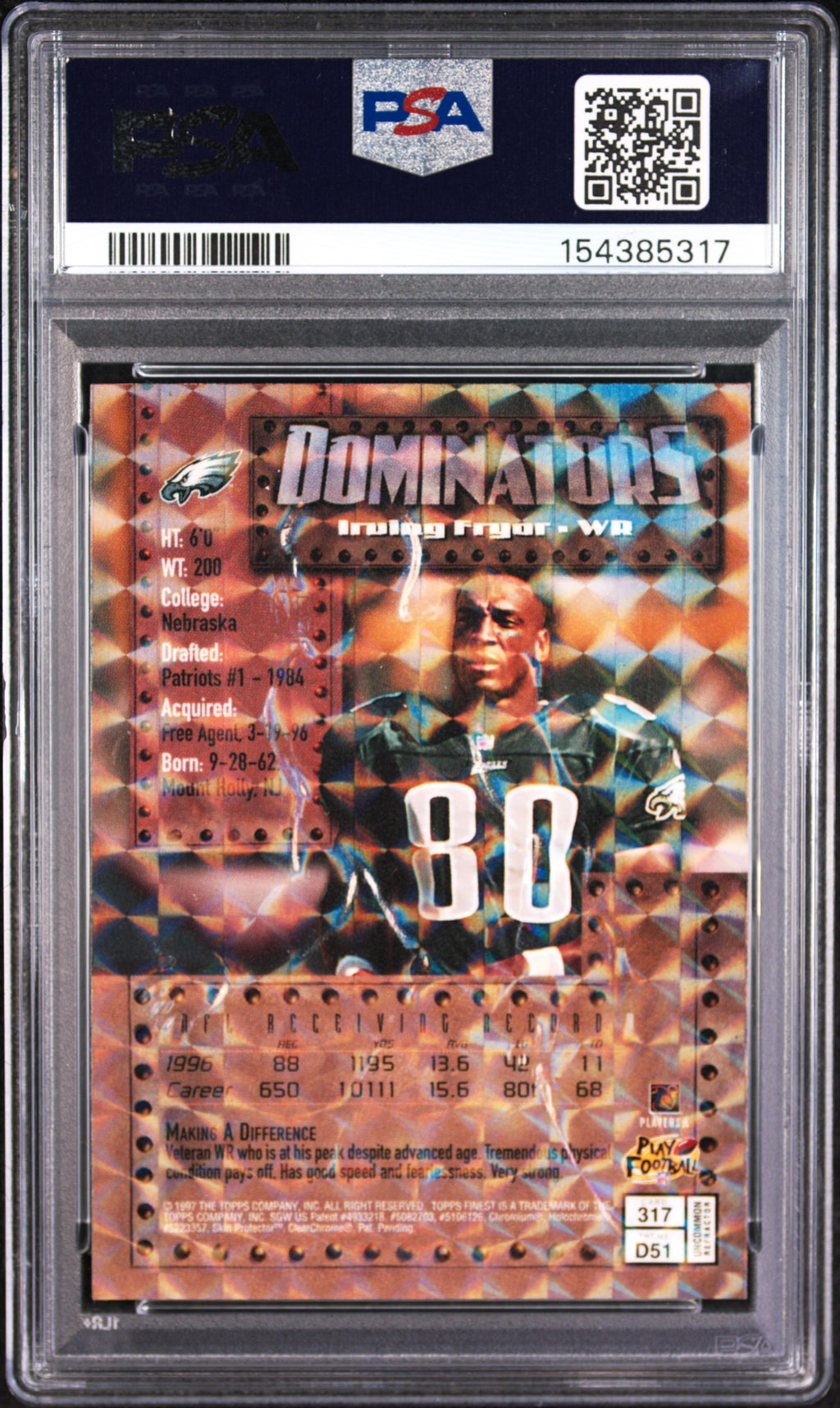 IRVING FRYAR 1997 Topps Finest Uncommon Embossed Refractor #317 PSA 8 Eagles