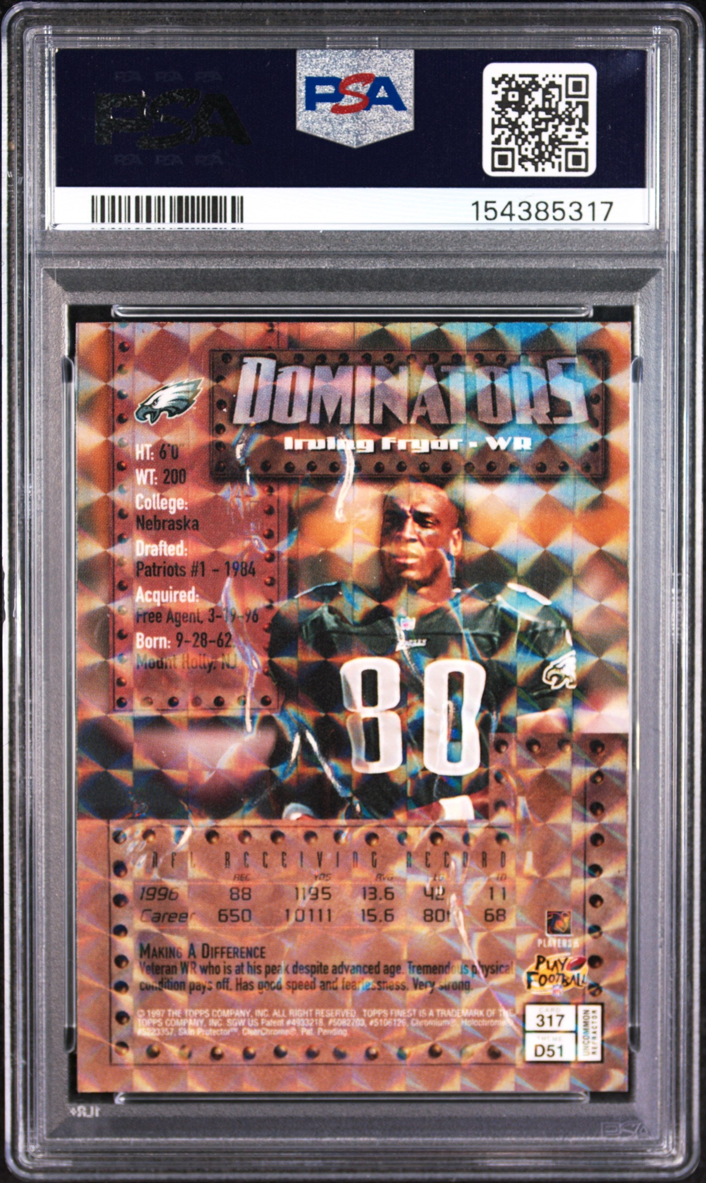 IRVING FRYAR 1997 Topps Finest Uncommon Embossed Refractor #317 PSA 8 Eagles