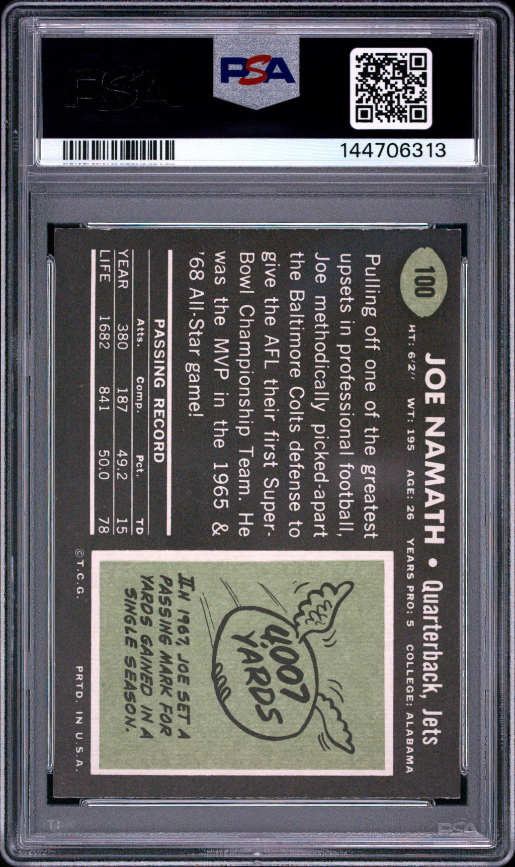 JOE NAMATH 1969 Topps Football #100 PSA 5 EX New York Jets