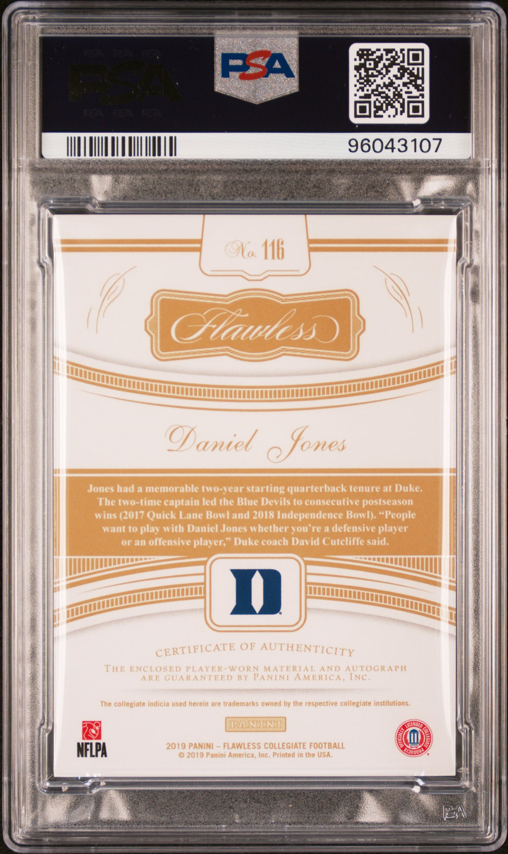 DANIEL JONES 2019 Panini Flawless Collegiate Rookie Patch Auto Ruby /20 PSA 8
