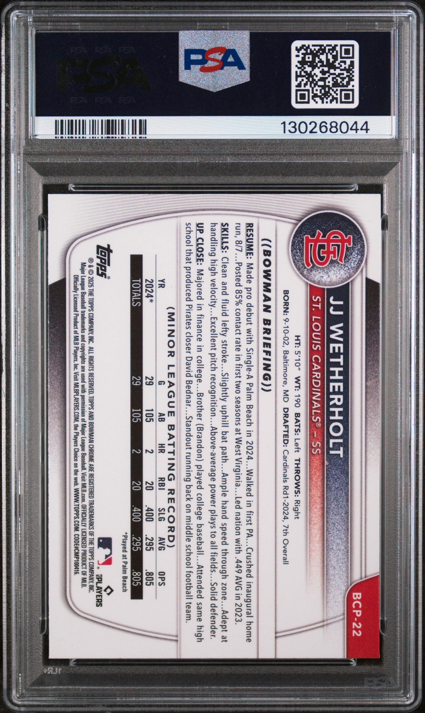 JJ WETHERHOLT 2025 Bowman Chrome 1st Prospect X-Fractor #BCP22 PSA 10
