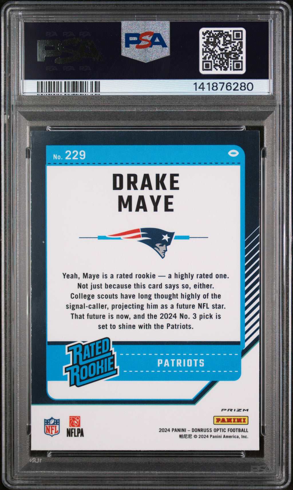 DRAKE MAYE 2024 Panini Donruss Optic Rated Rookie Holo Prizm #229 PSA 9 Patriots