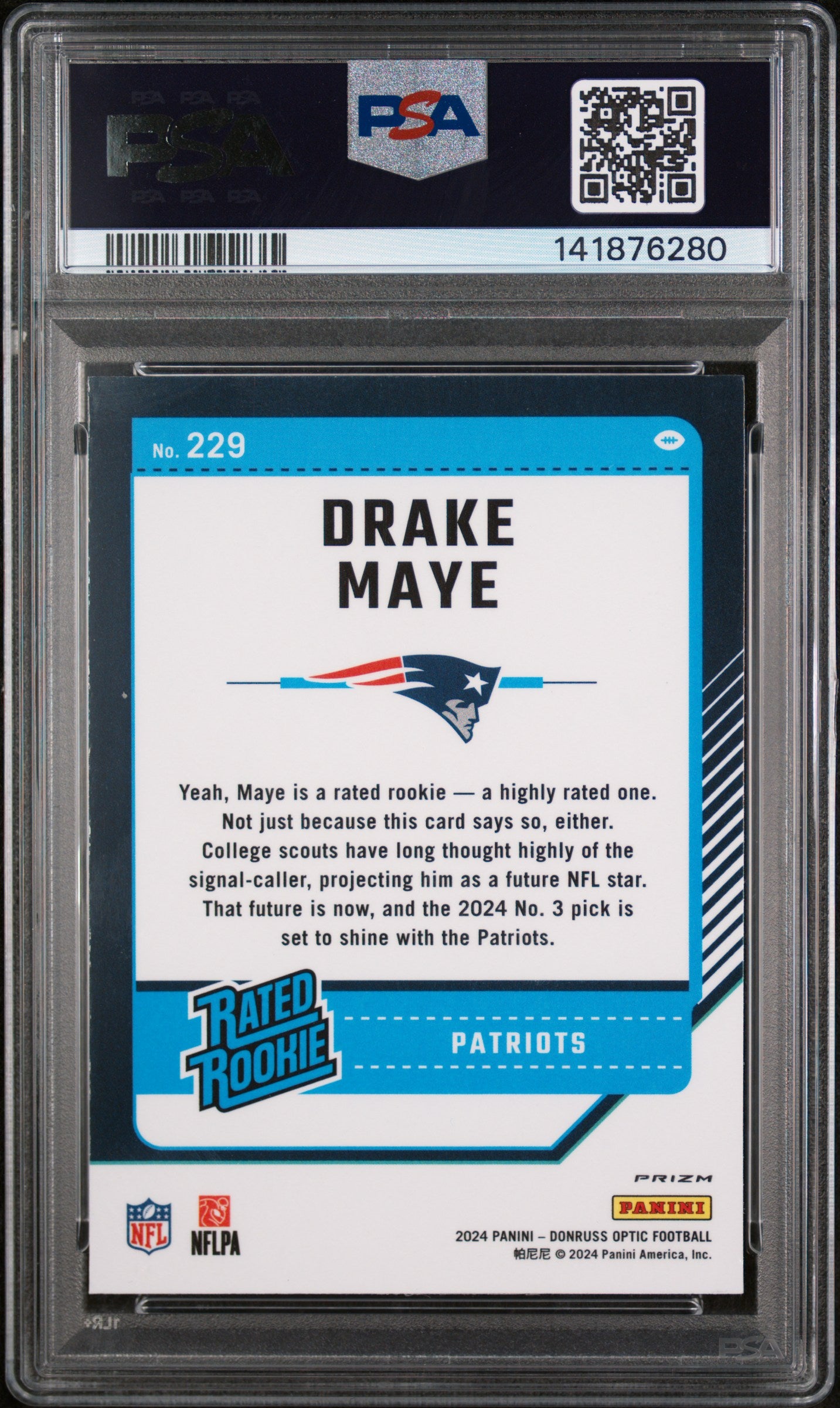 DRAKE MAYE 2024 Panini Donruss Optic Rated Rookie Holo Prizm #229 PSA 9 Patriots