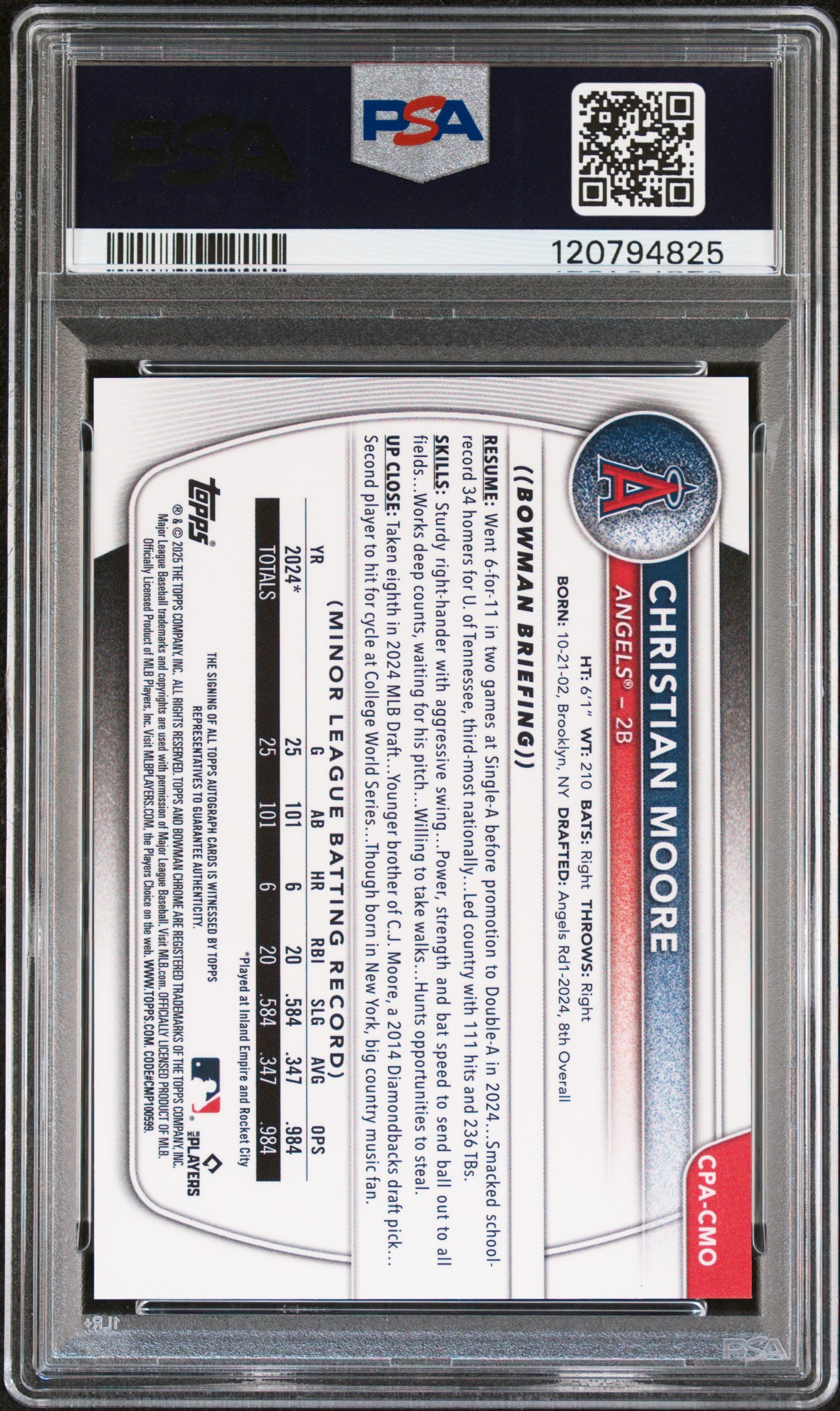CHRISTIAN MOORE 2025 Bowman Chrome Prospect 1st Auto #CPACMO PSA 9 Angels
