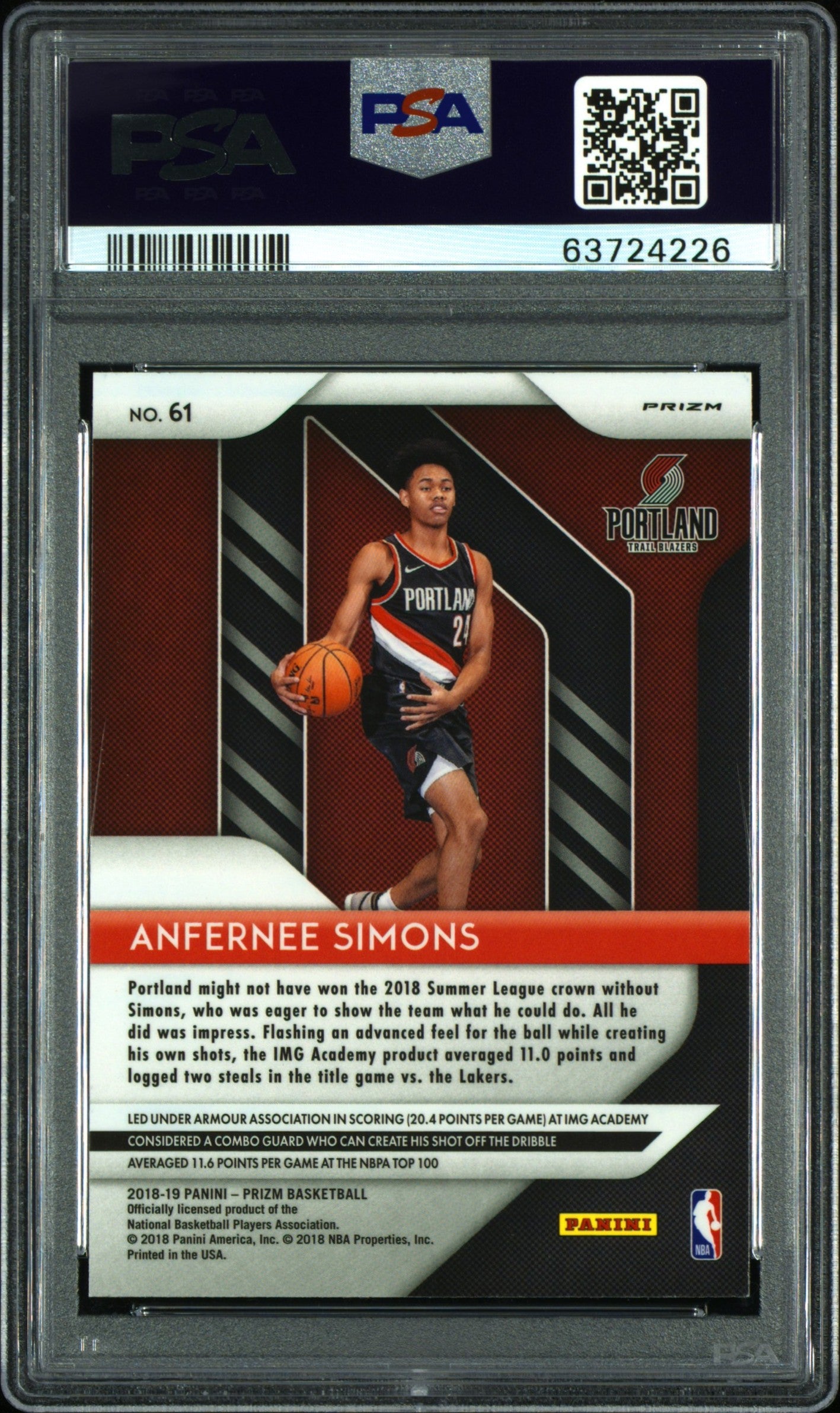ANFERNEE SIMONS 2018-19 Panini Prizm Choice Blue Yellow Green Rookie PSA 9 #61