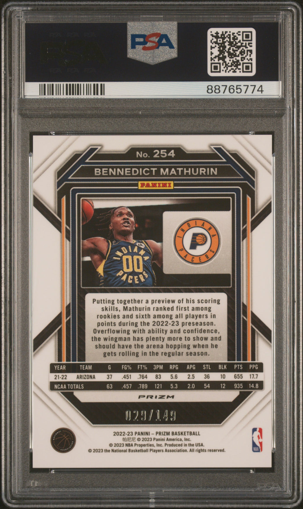 BENNEDICT MATHURIN 2022-23 Panini Prizm Rookie Purple Ice /149 #254 PSA 10