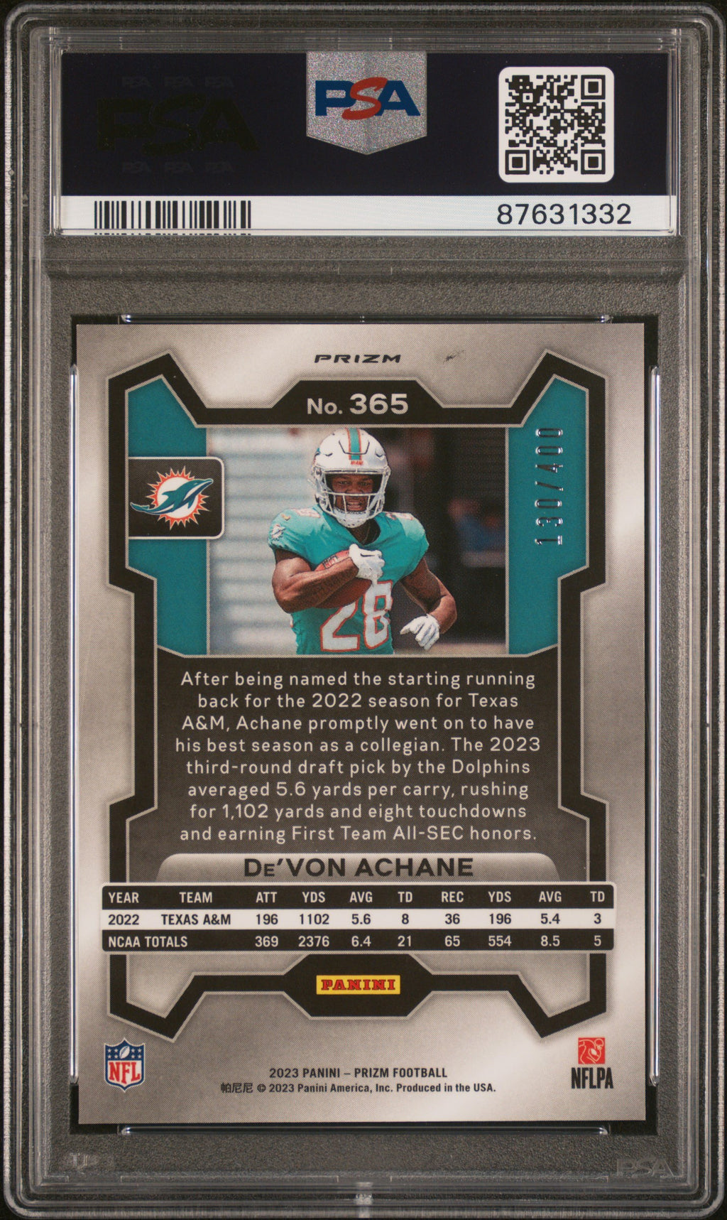 DE'VON ACHANE 2023 Panini Prizm Rookie Pandora /400 #365 PSA 10 Dolphins