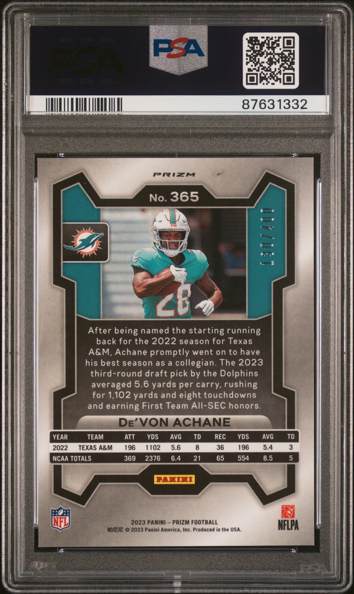 DE'VON ACHANE 2023 Panini Prizm Rookie Pandora /400 #365 PSA 10 Dolphins