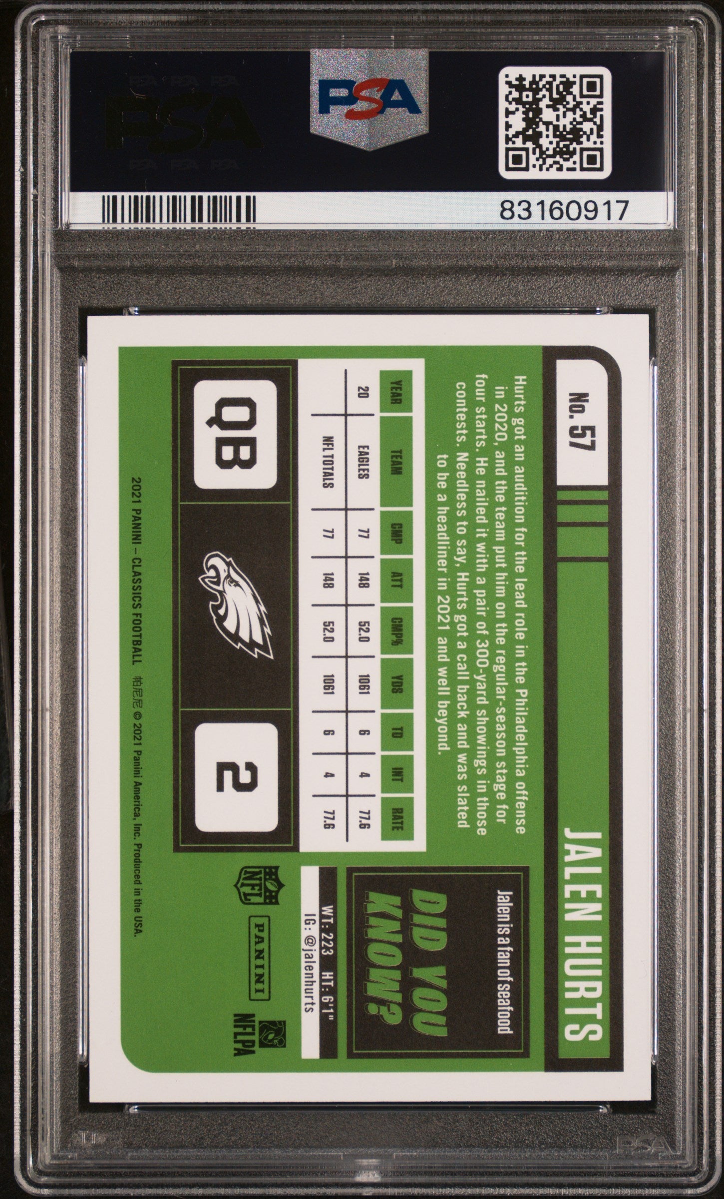 JALEN HURTS 2021 Panini Classics Green Back /50 #57 PSA 10 Eagles