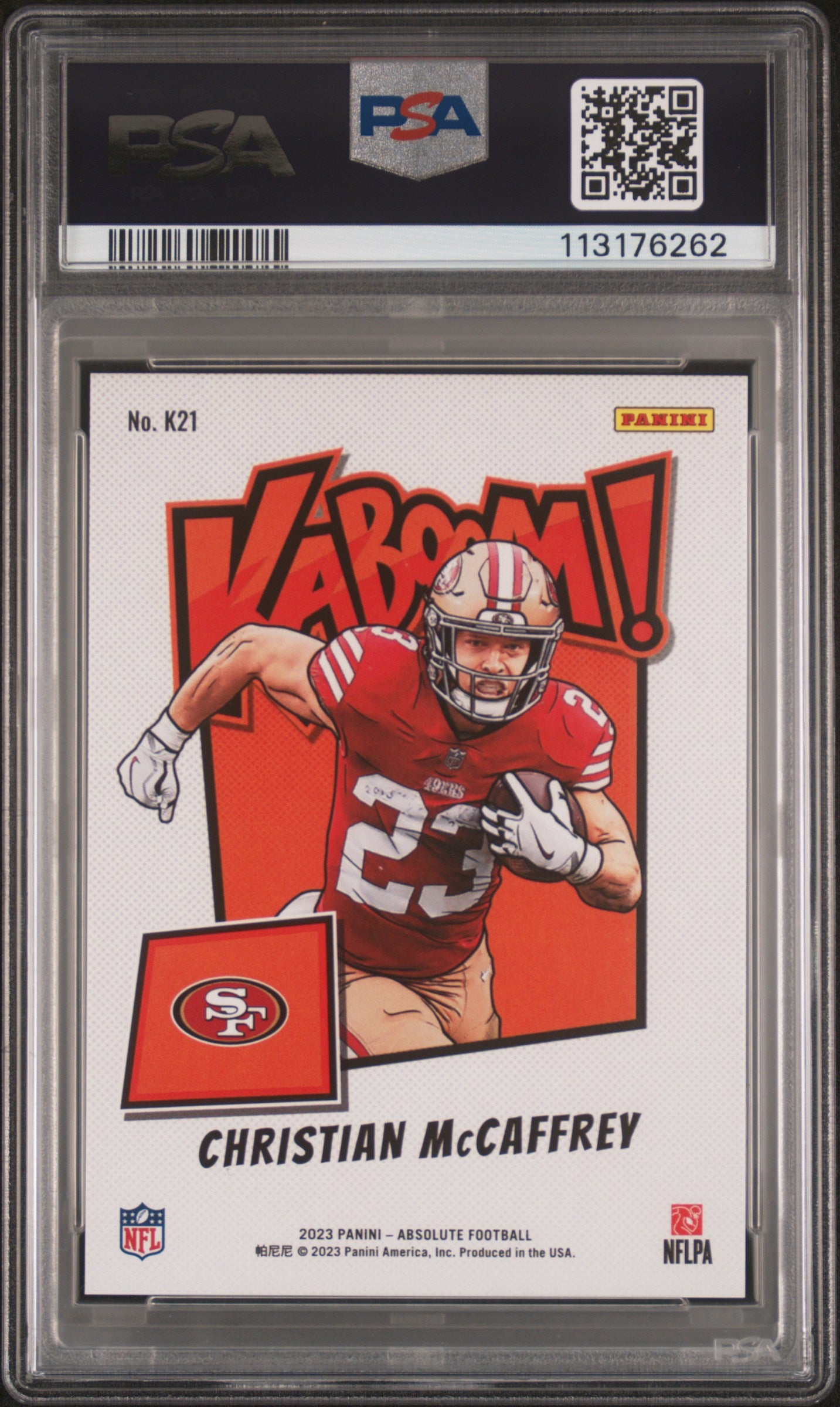 CHRISTIAN MCCAFFREY 2023 Panini Absolute Kaboom Vertical Case Hit SSP #K21 PSA 9