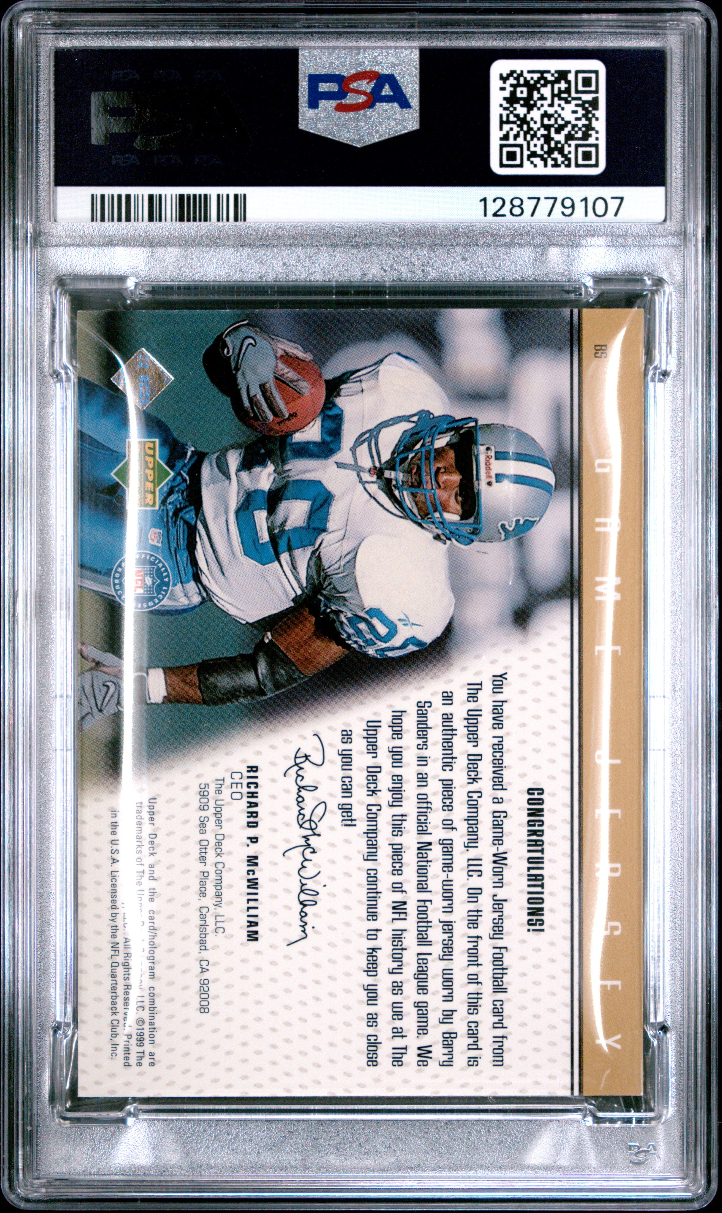 BARRY SANDERS 1999 Upper Deck U.D. Game Jersey 3 Color Patch #BS PSA 8 Lions
