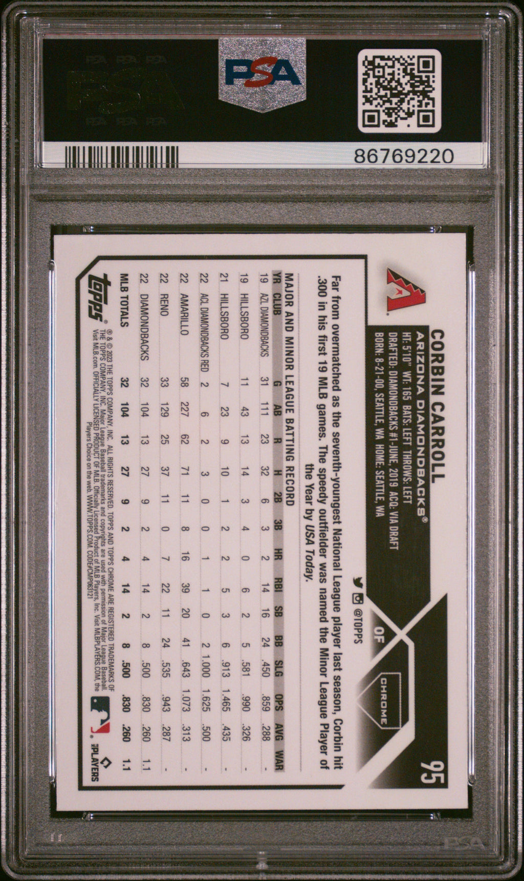 CORBIN CARROLL 2023 Topps Chrome X-Fractor Rookie #95 PSA 10 Diamondbacks