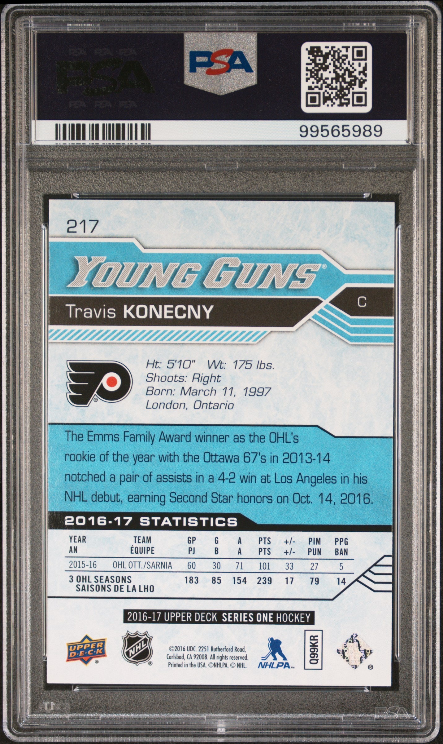 TRAVIS KONECNY 2016-17 Upper Deck Series One Young Guns #217 PSA 10 Flyers