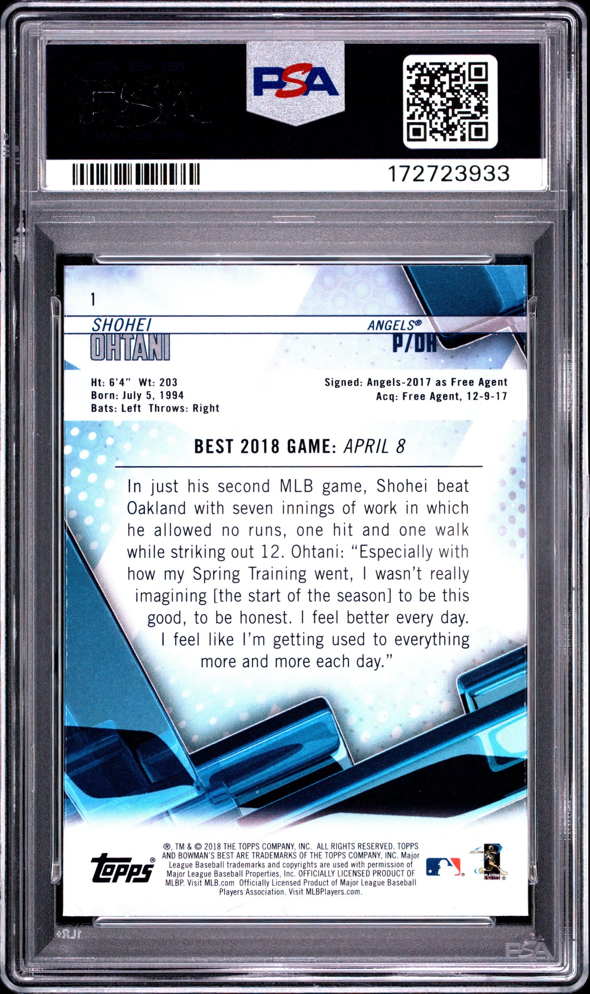 SHOHEI OHTANI 2018 Bowman's Best Rookie Card #1 PSA 10 Angels