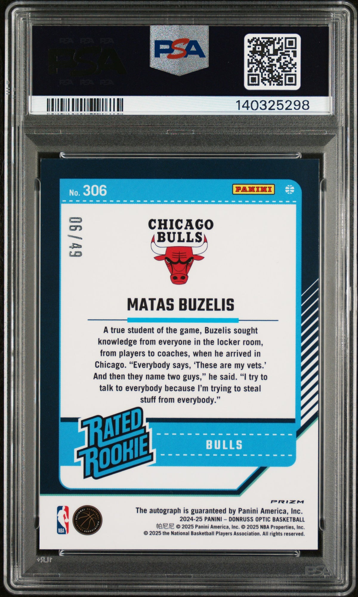 MATAS BUZELIS 2024-25 Panini Donruss Optic Rated Rookie Auto Blue /49 #306 PSA 9