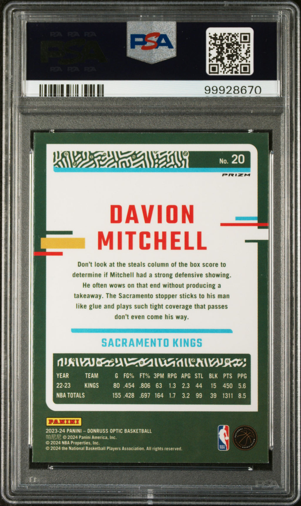 DAVION MITCHELL 2023-24 Panini Donruss Optic Jazz SSP #20 PSA 10 Kings