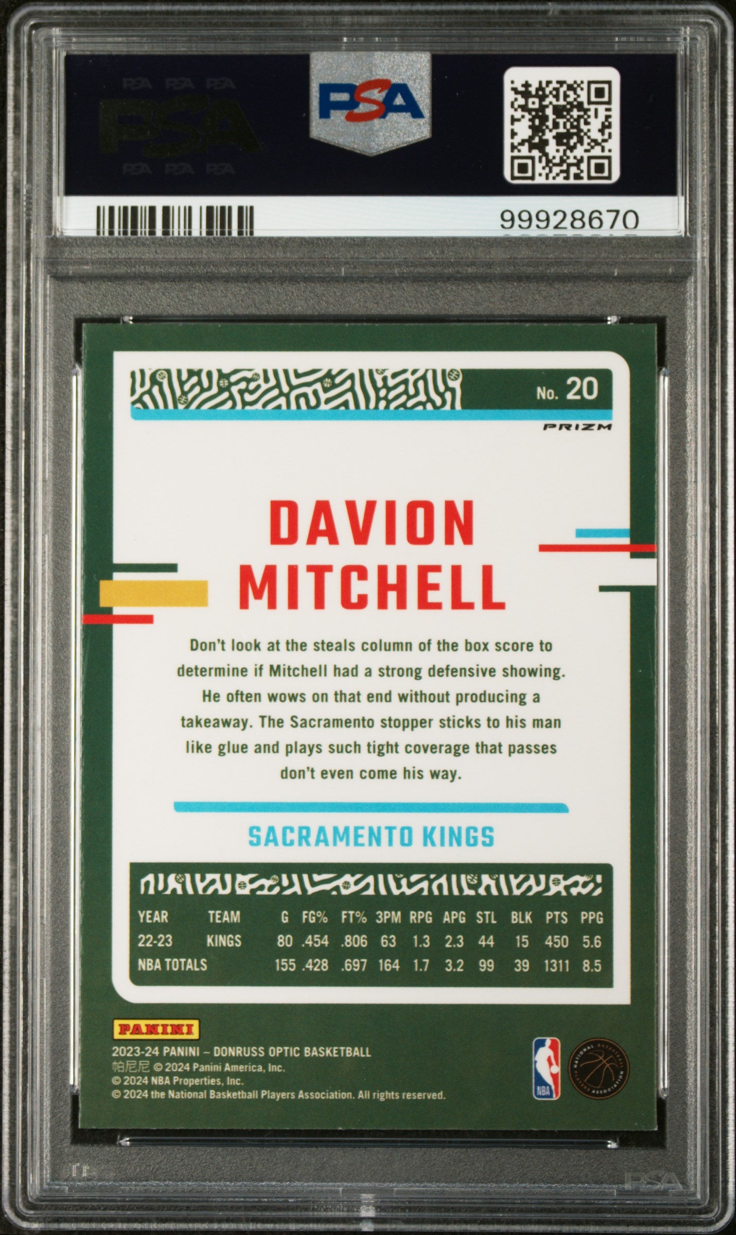 DAVION MITCHELL 2023-24 Panini Donruss Optic Jazz SSP #20 PSA 10 Kings