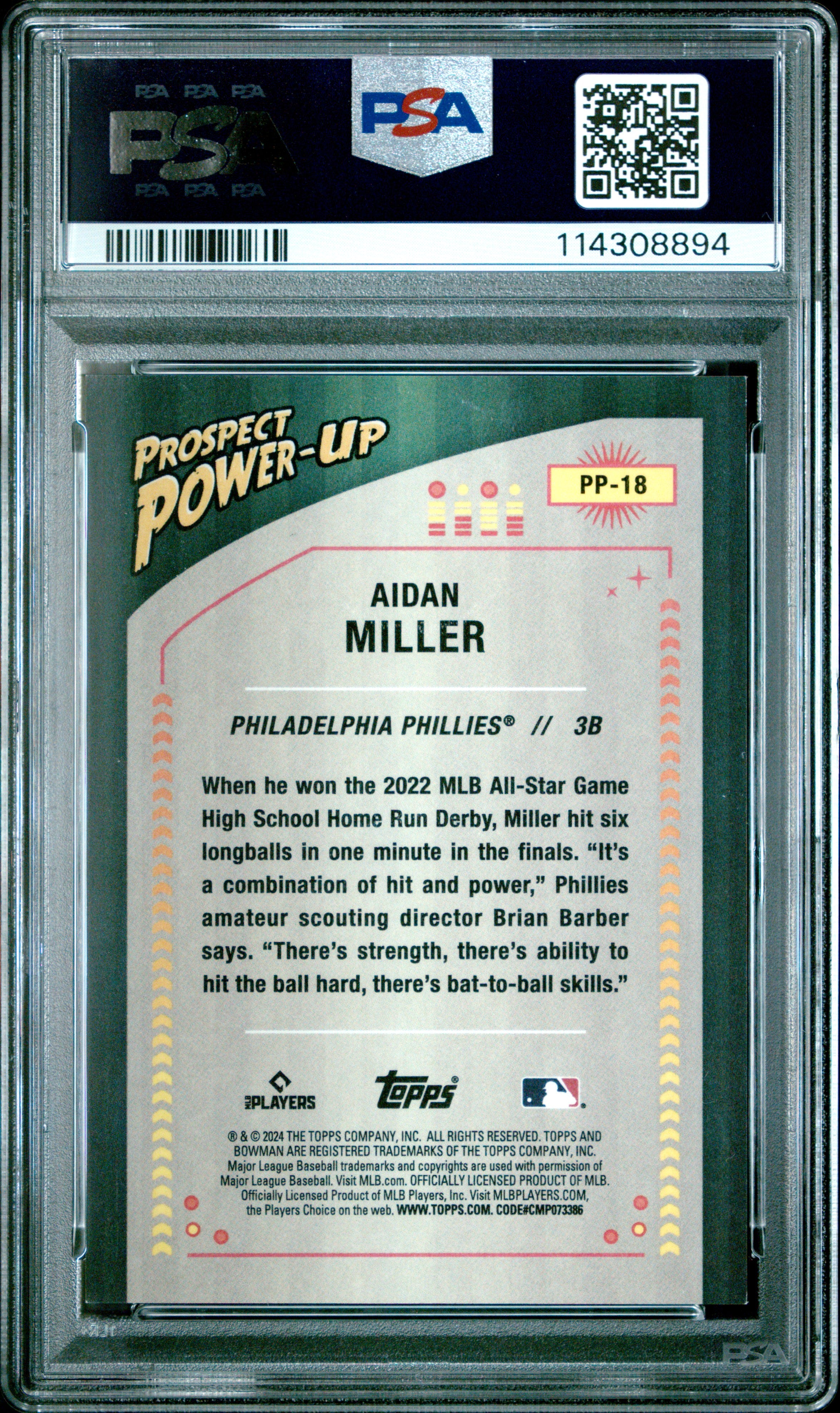 AIDAN MILLER 2024 Bowman Chrome Prospect Power-Up Orange Refractor /25 PSA 9