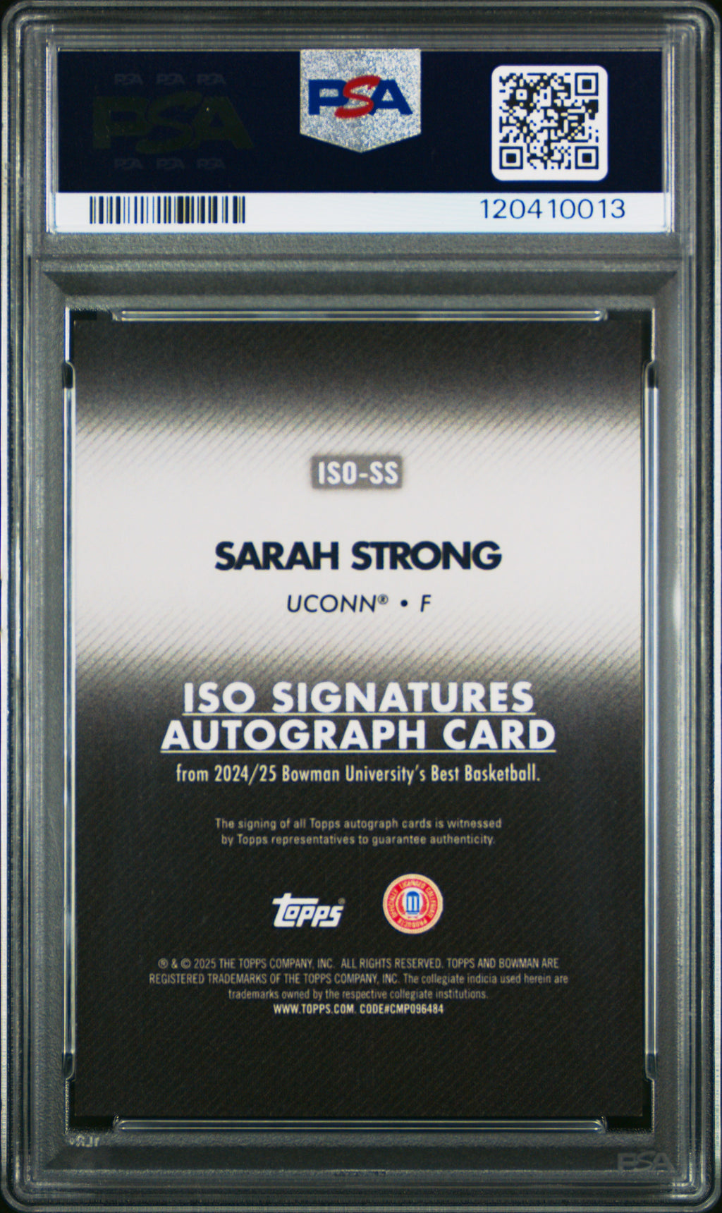 SARAH STRONG 2024 Bowman U Best Iso Signatures Yellow Lazer Auto /75 PSA 9 UCONN