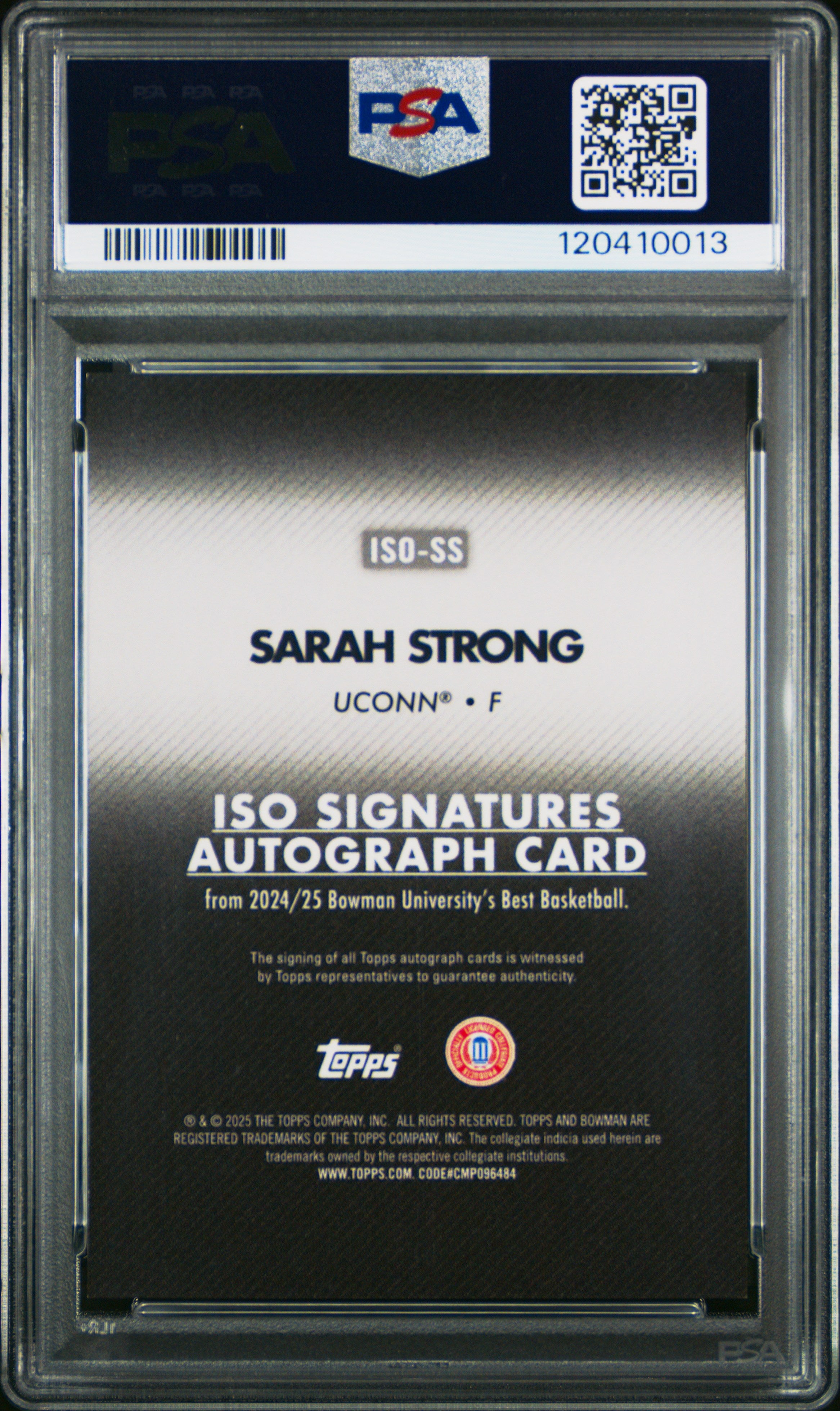 SARAH STRONG 2024 Bowman U Best Iso Signatures Yellow Lazer Auto /75 PSA 9 UCONN