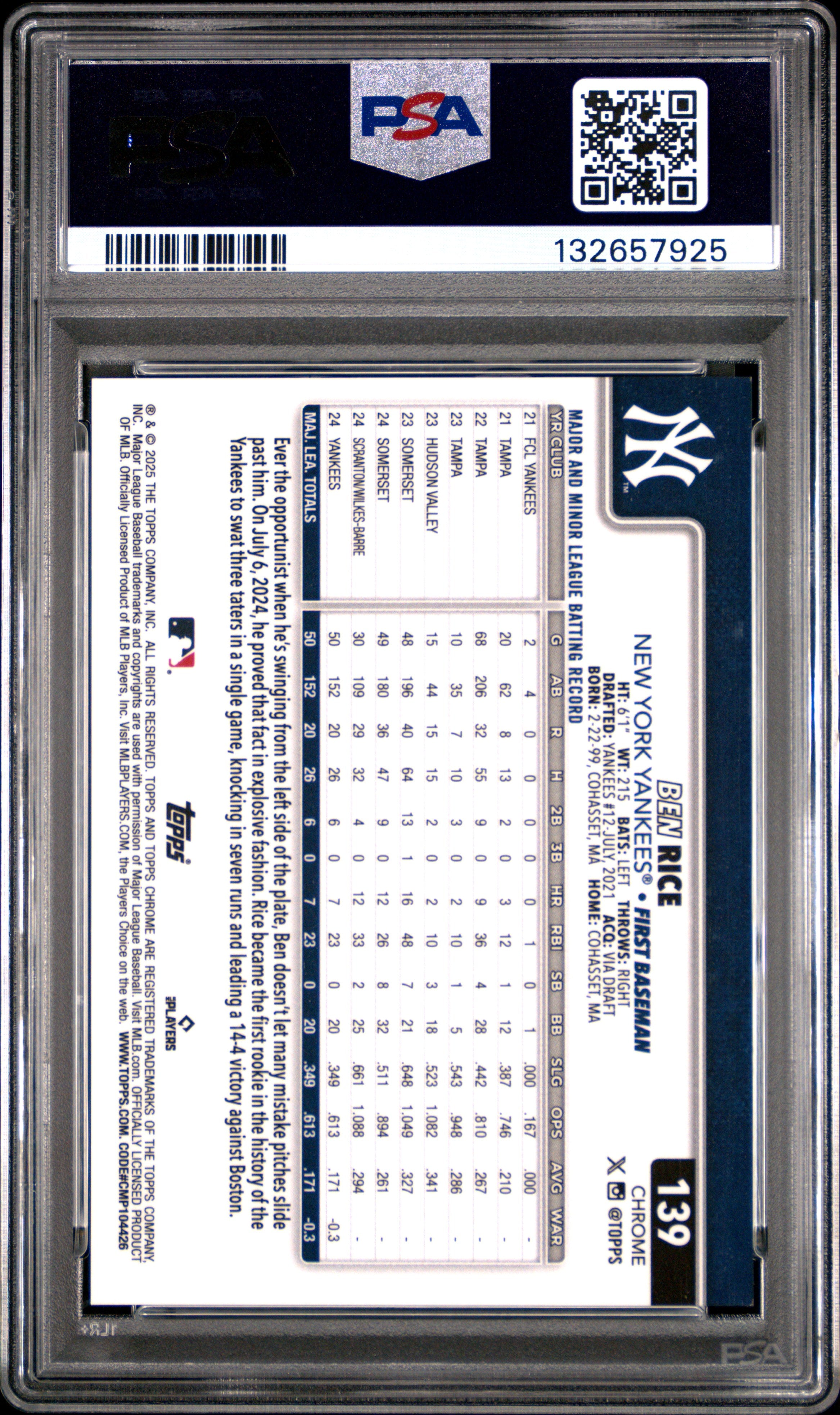 BEN RICE 2025 Topps Chrome Rookie Gold Geometric Refractor /50 139 PSA 9 Yankees