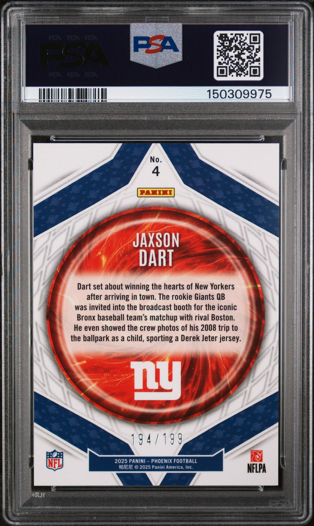JAXSON DART 2025 Panini Phoenix Rookie Paragon Blue Prizm /199 #4 PSA 10 Giants
