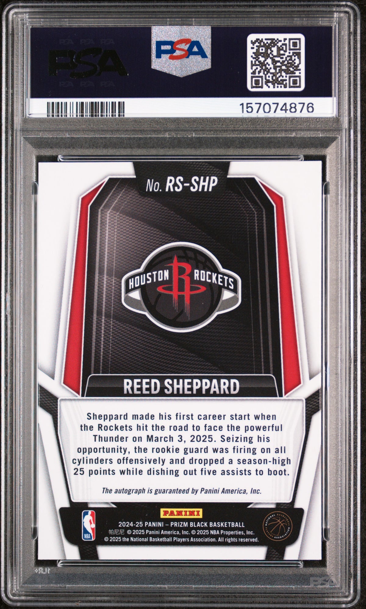 REED SHEPPARD 2024-25 Panini Prizm Black Rookie Signatures Auto #RS-SHP PSA 10
