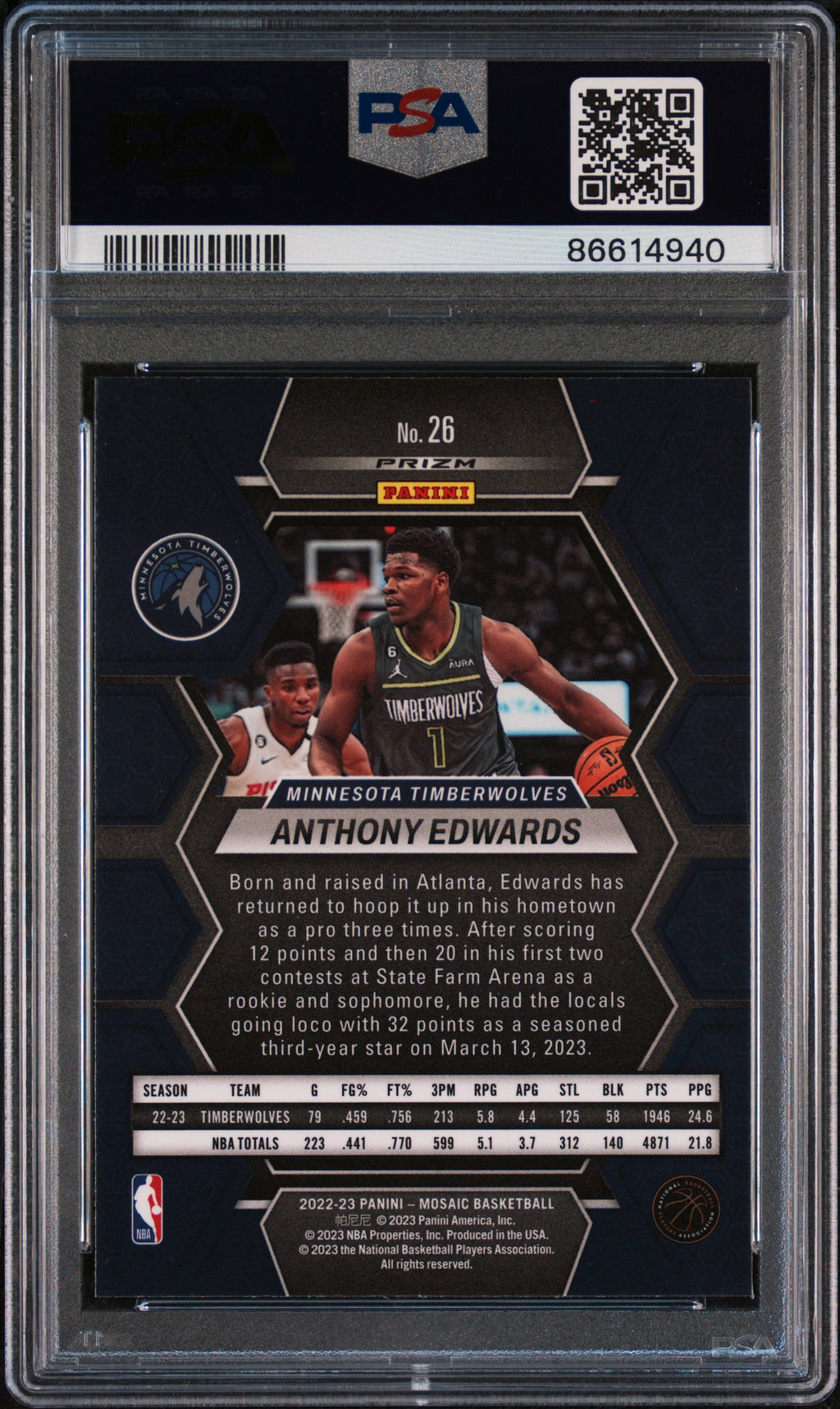 ANTHONY EDWARDS 2022-23 Panini Mosaic White Sparkle Prizm SSP #26 PSA 10 TWolves
