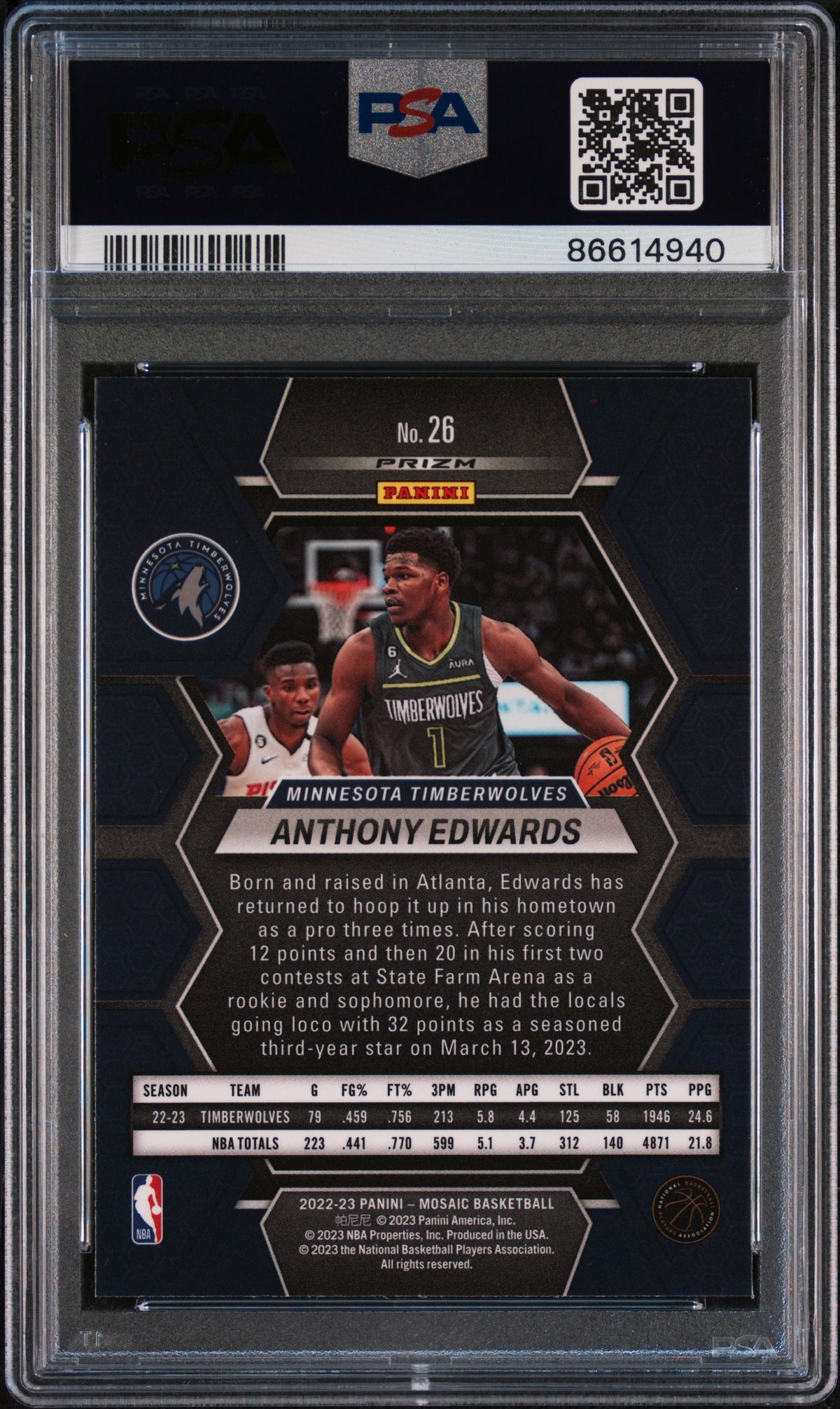 ANTHONY EDWARDS 2022-23 Panini Mosaic White Sparkle Prizm SSP #26 PSA 10 TWolves