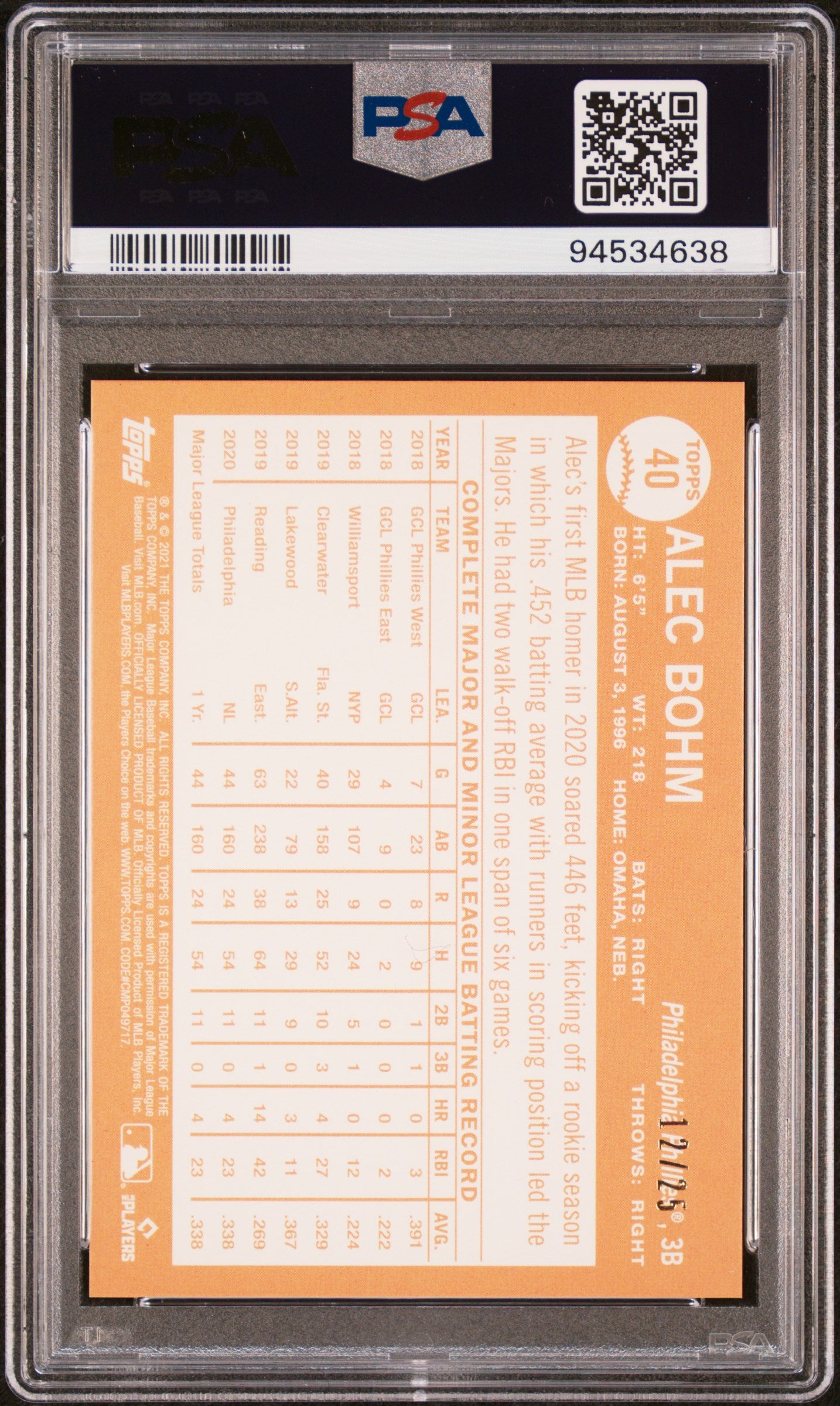 ALEC BOHM 2021 Topps All-Star Rookie Cup SP Orange Holofractor /25 #40 PSA 10