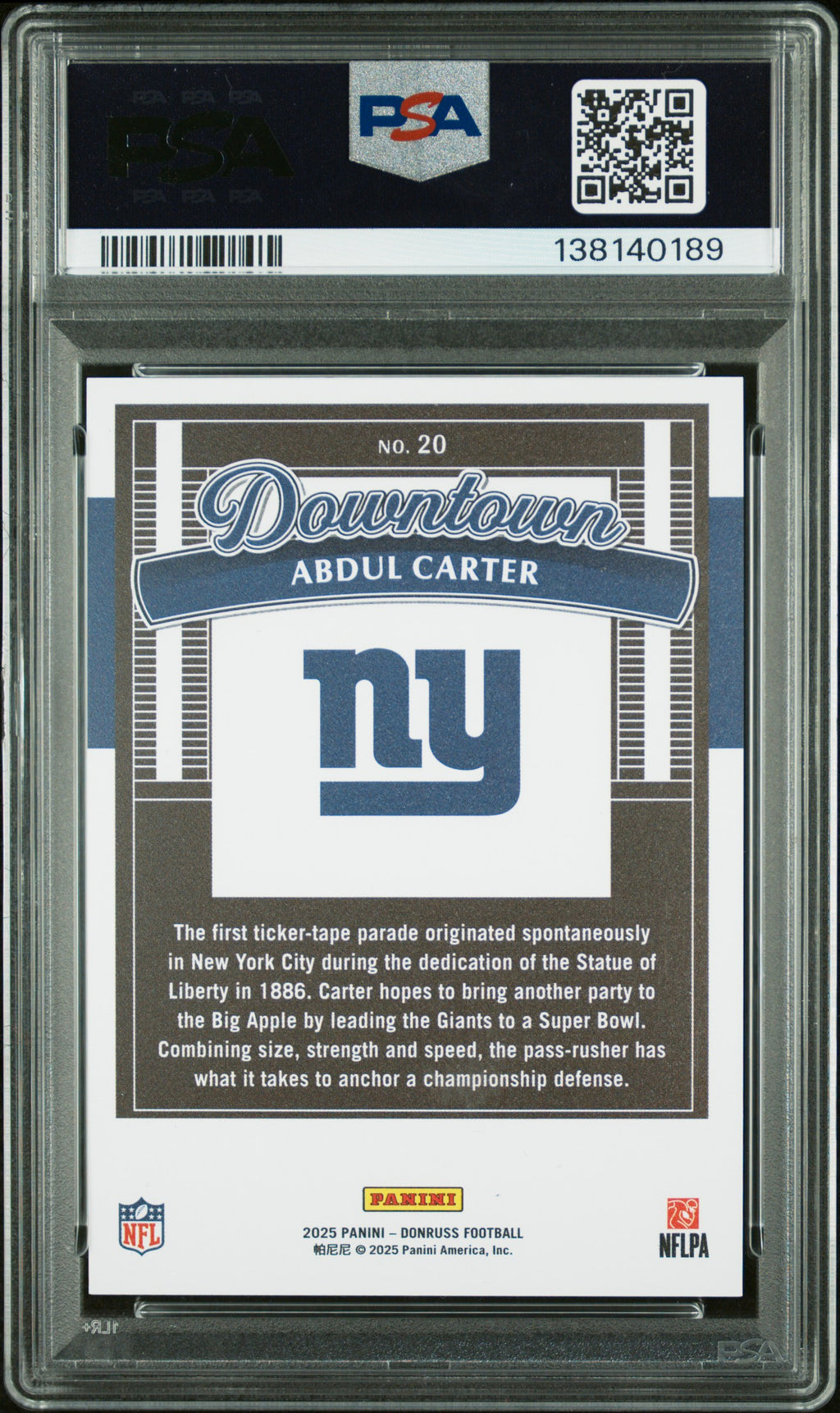 ABDUL CARTER 2025 Panini Donruss Rookie Downtown Case Hit SSP #20 PSA 9