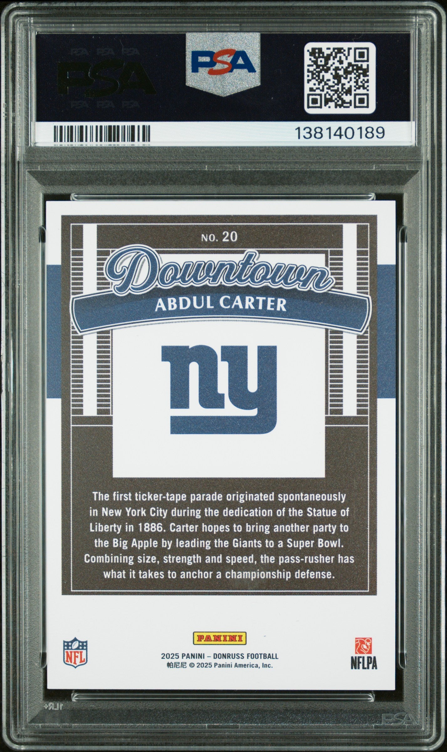 ABDUL CARTER 2025 Panini Donruss Rookie Downtown Case Hit SSP #20 PSA 9