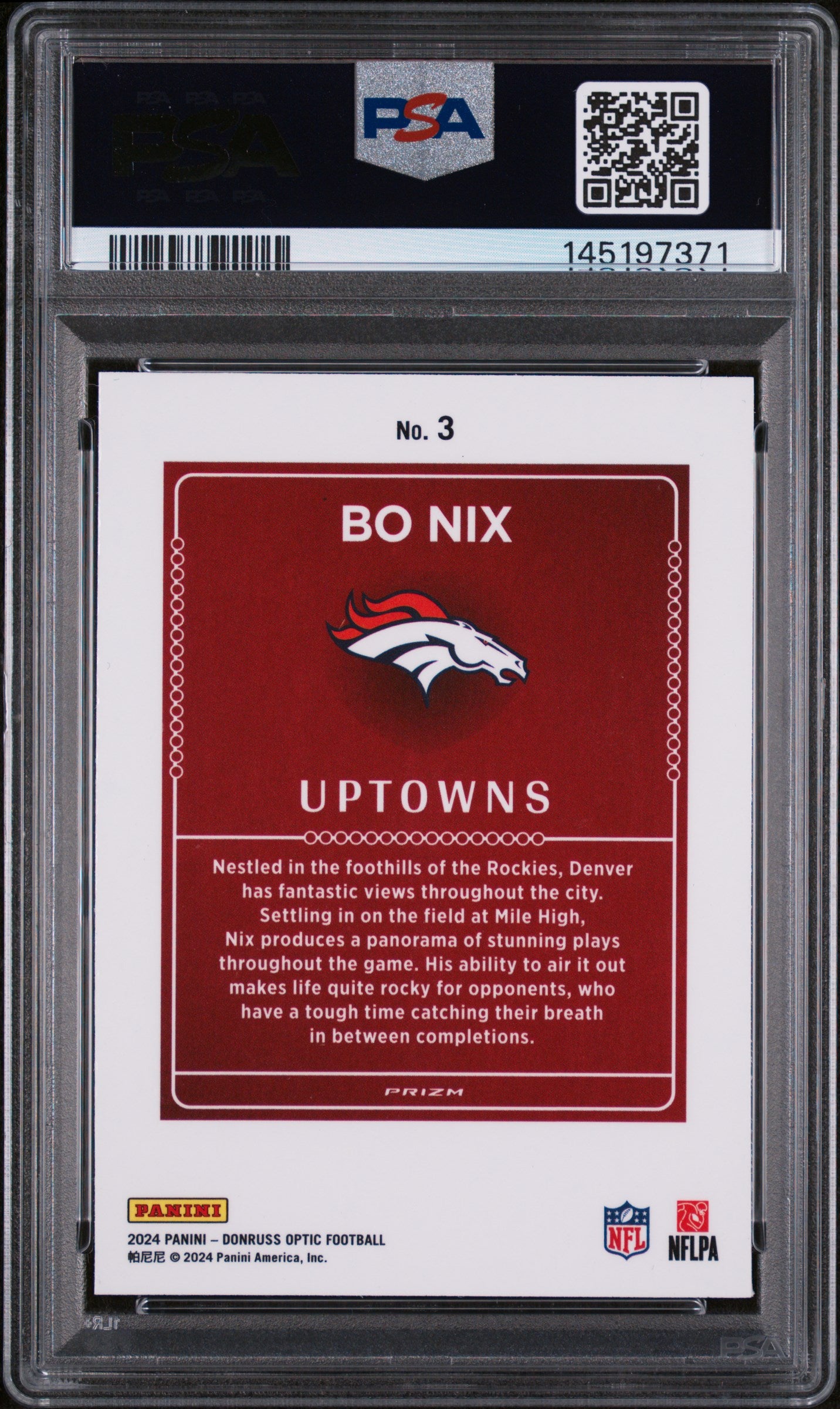 BO NIX 2024 Panini Donruss Optic Uptowns Rookie Case Hit SSP #3 PSA 10 Broncos