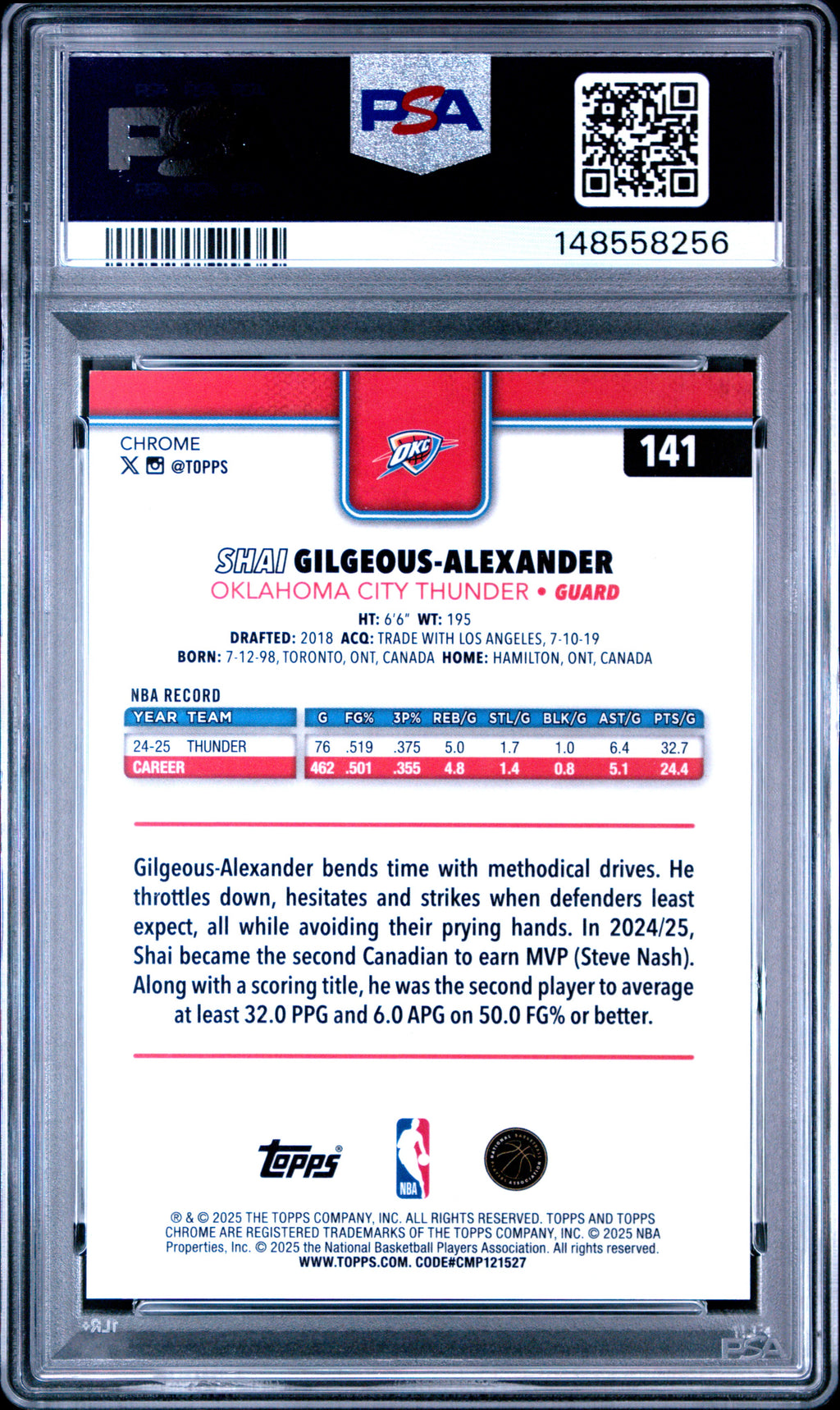 SHAI GILEGOUS-ALEXANDER 2025-26 Topps Chrome Orange Pulsar Ref /25 #141 PSA 9